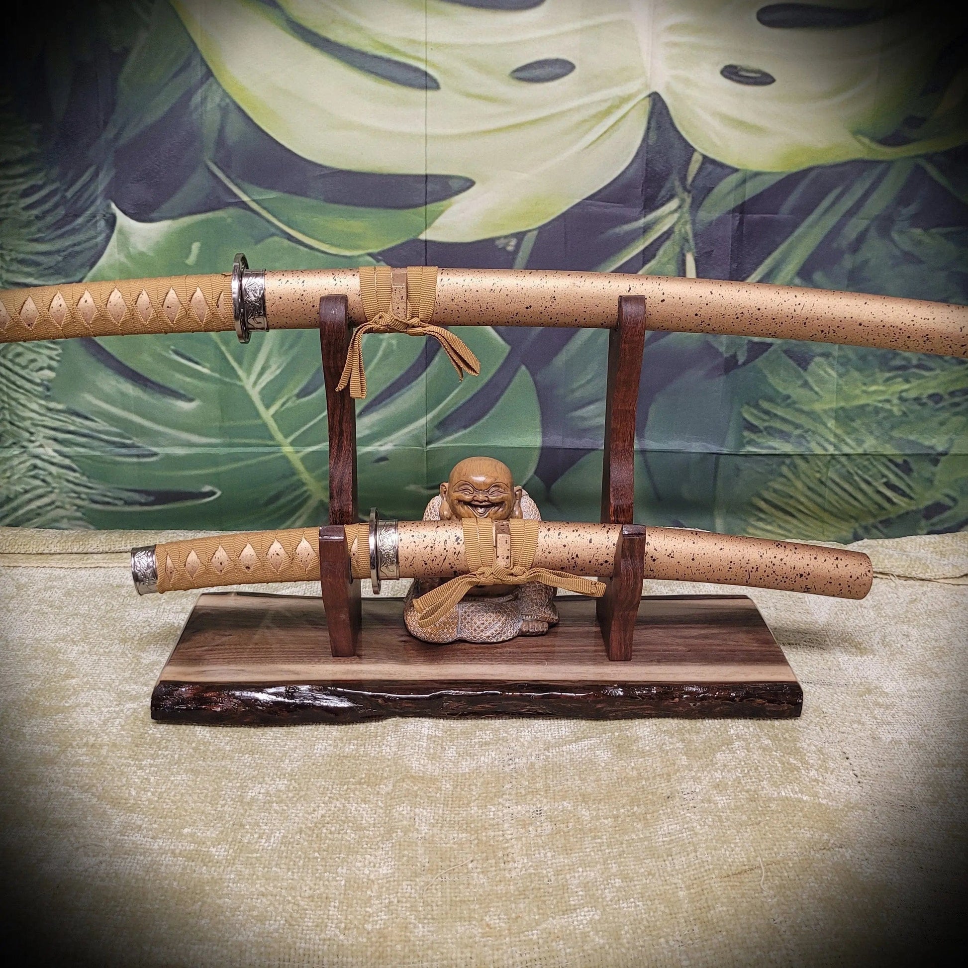 walkerwoodgifts sword display Unique 2 Tier Live Edge Walnut Wolf Display Stand Military Samurai Veteran Collectors