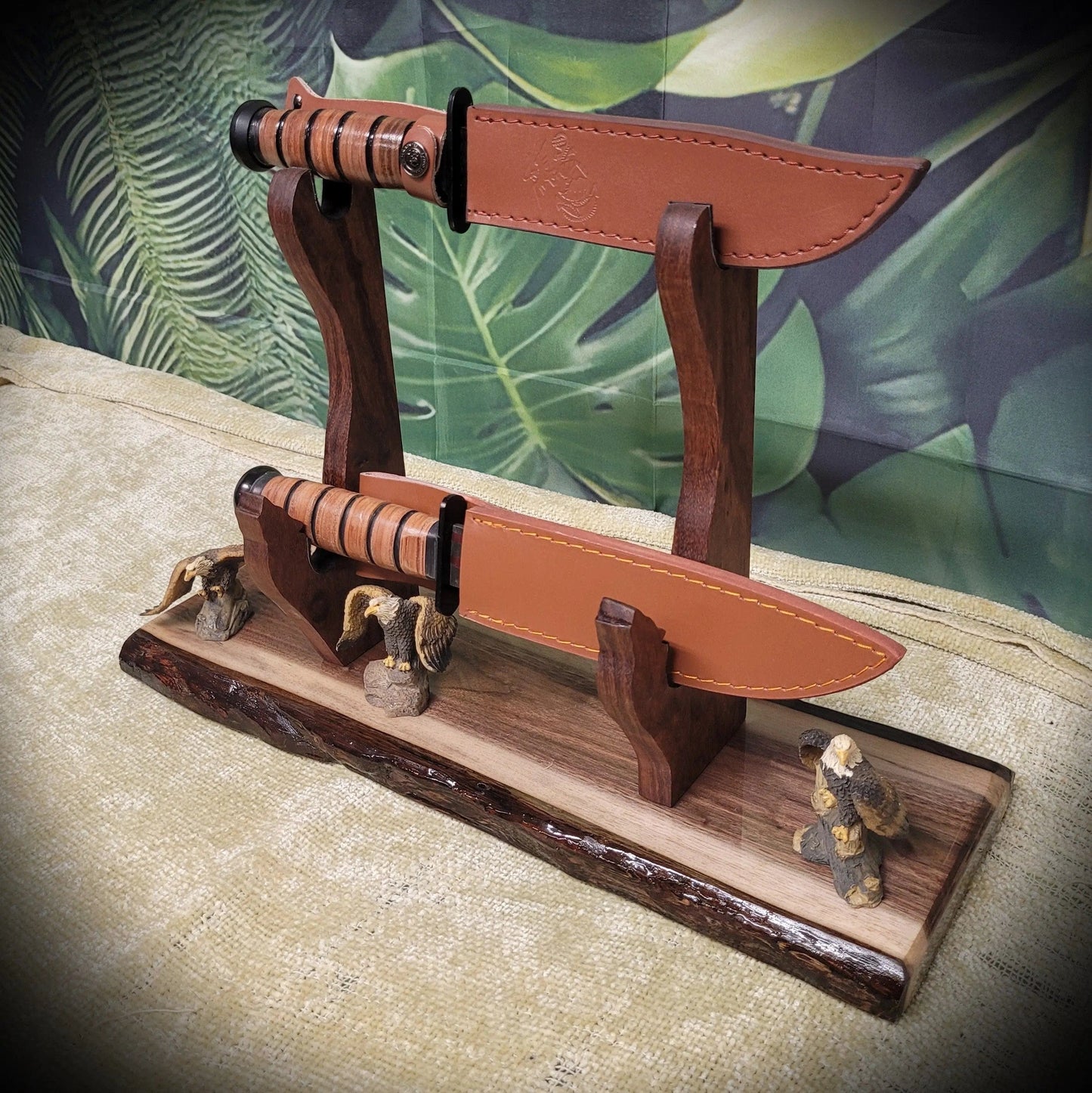 walkerwoodgifts sword display Unique 2 Tier Live Edge Walnut Wolf Display Stand Military Samurai Veteran Collectors