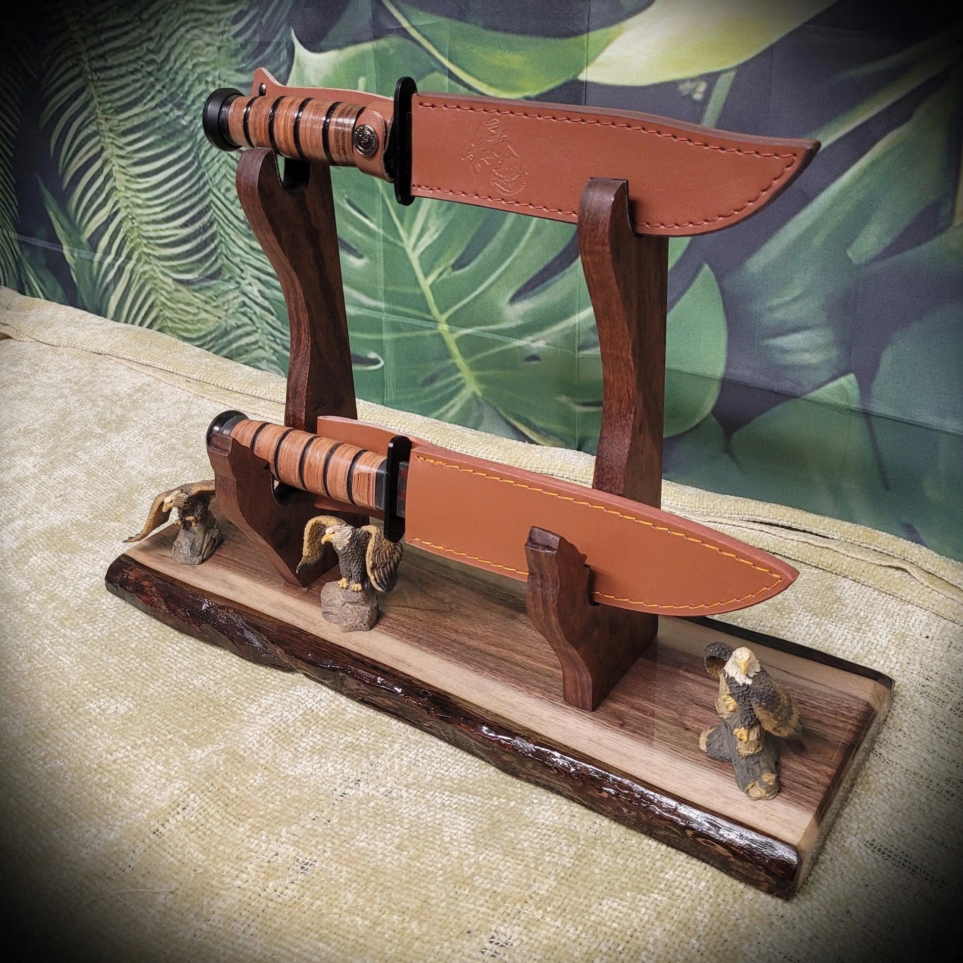 walkerwoodgifts sword display Unique 2 Tier Live Edge Walnut Wolf Display Stand Military Samurai Veteran Collectors