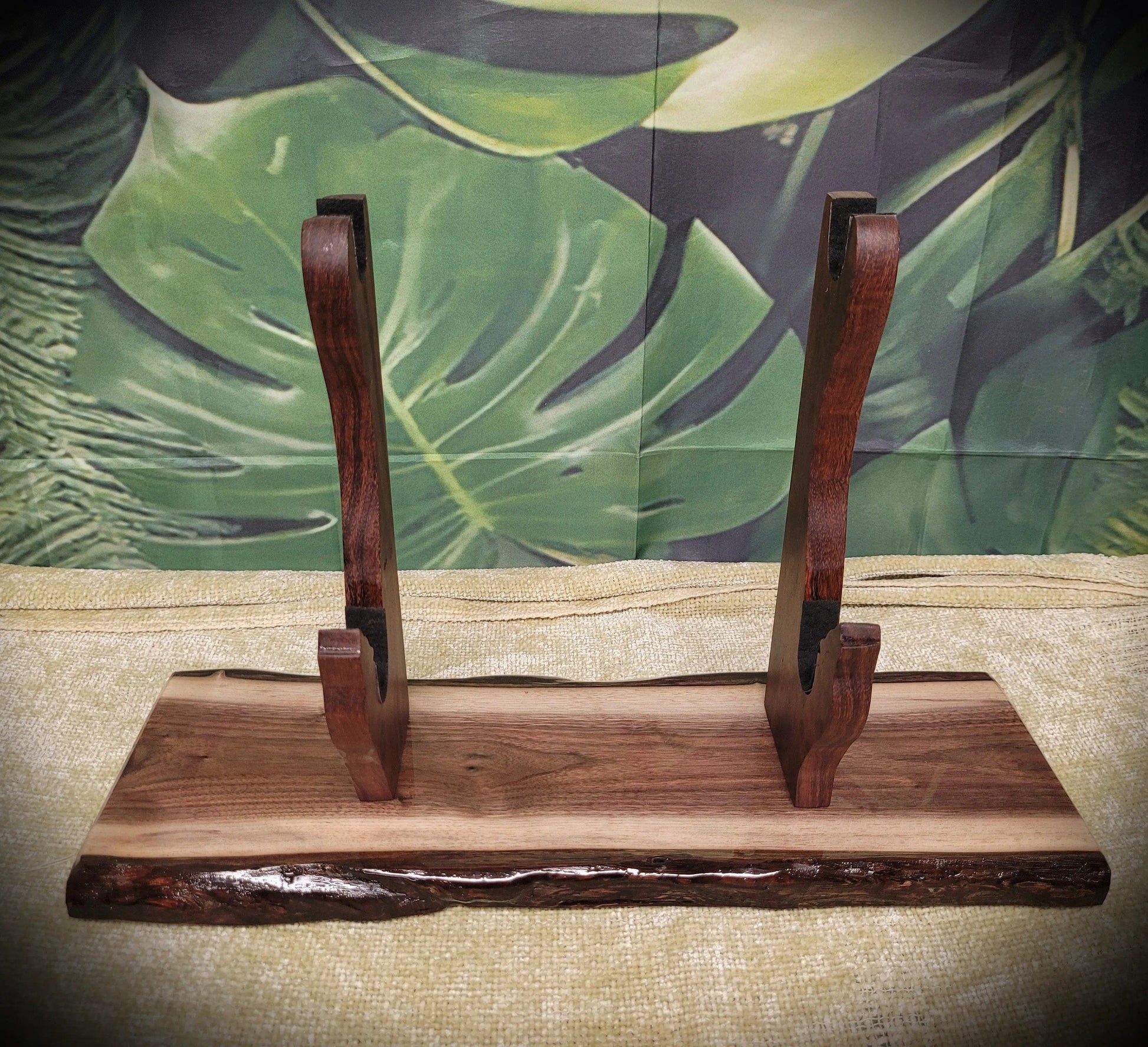 walkerwoodgifts sword display Unique 2 Tier Live Edge Walnut Wolf Display Stand Military Samurai Veteran Collectors