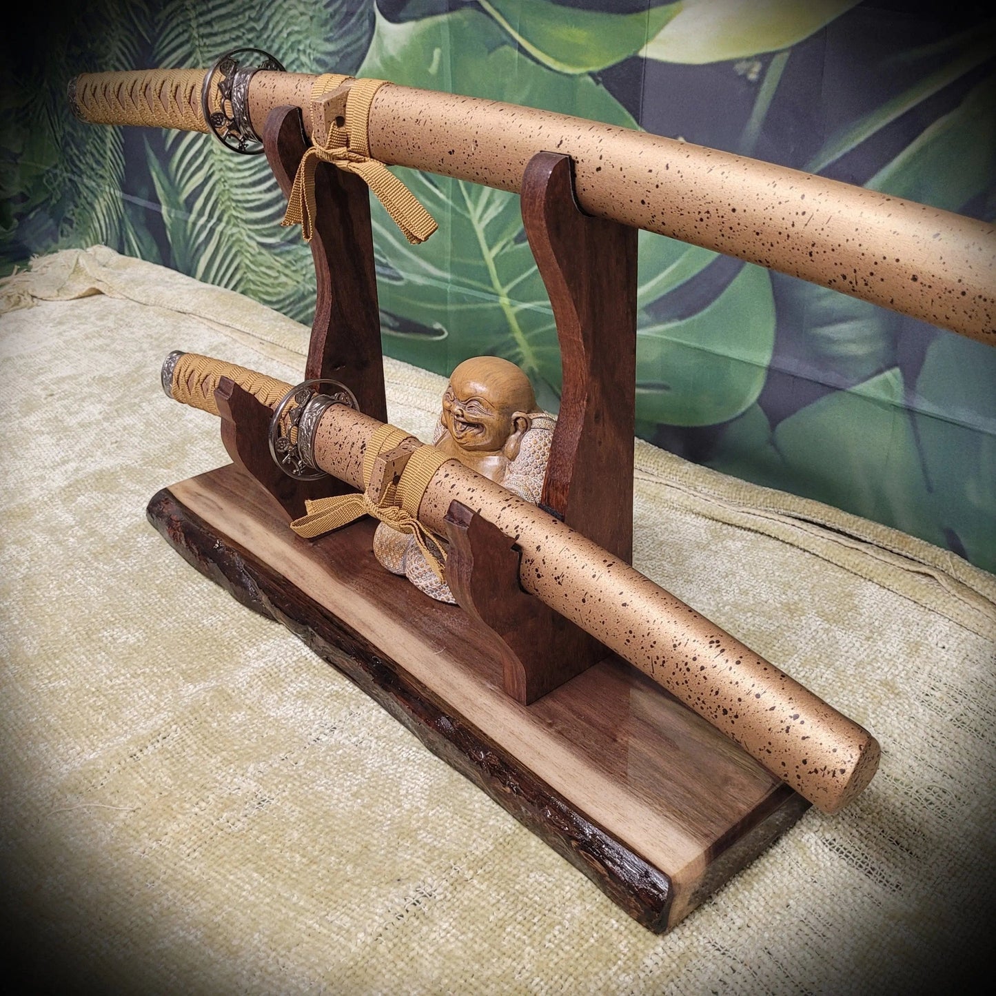 walkerwoodgifts sword display Unique 2 Tier Live Edge Walnut Wolf Display Stand Military Samurai Veteran Collectors