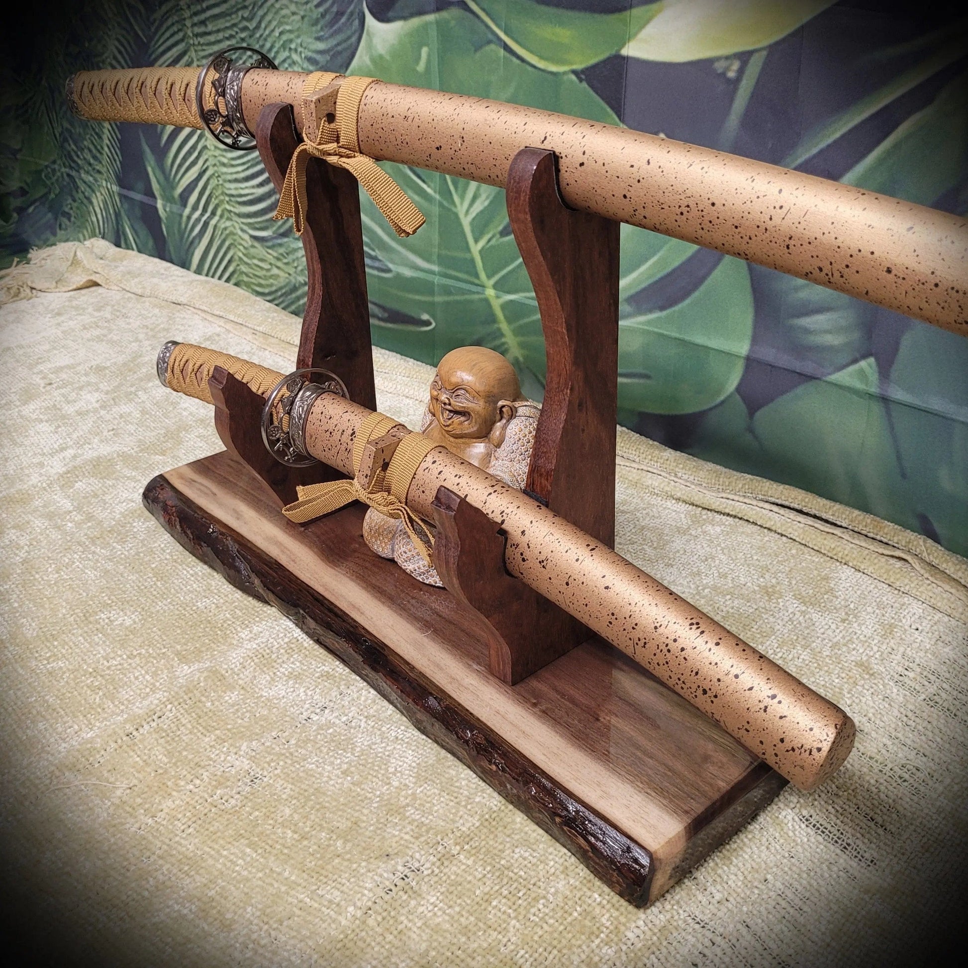 walkerwoodgifts sword display Unique 2 Tier Live Edge Walnut Wolf Display Stand Military Samurai Veteran Collectors