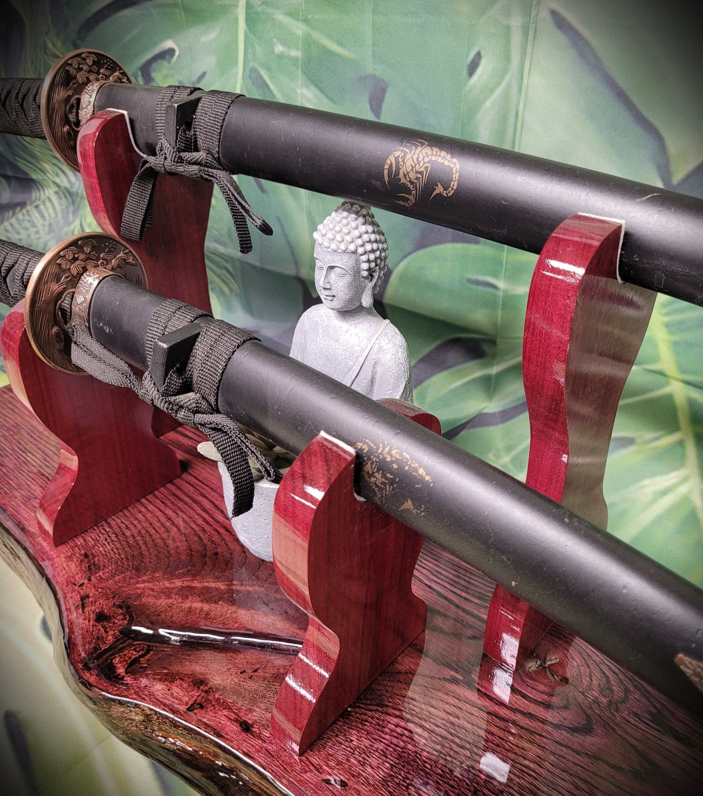 walkerwoodgifts sword display Unique Live Edge Rustic 2 Tier Swamp Oak Purpleheart Samurai Collector Display Gift