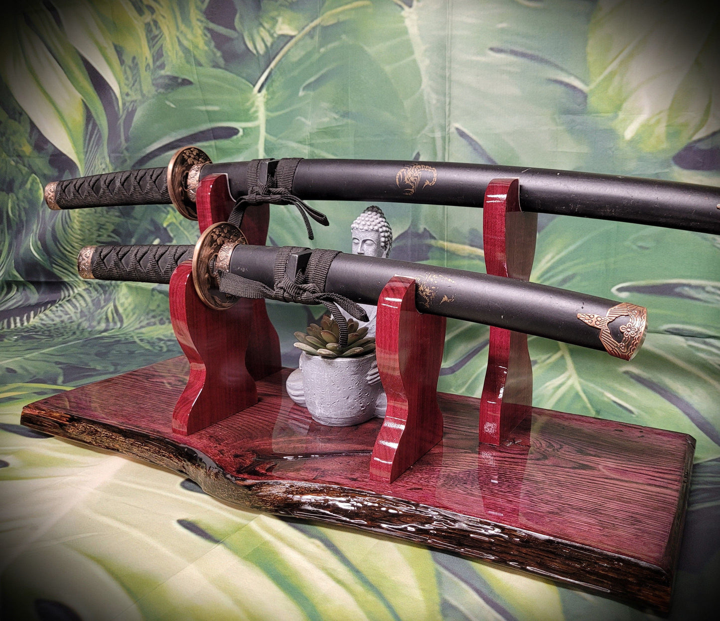 walkerwoodgifts sword display Unique Live Edge Rustic 2 Tier Swamp Oak Purpleheart Samurai Collector Display Gift