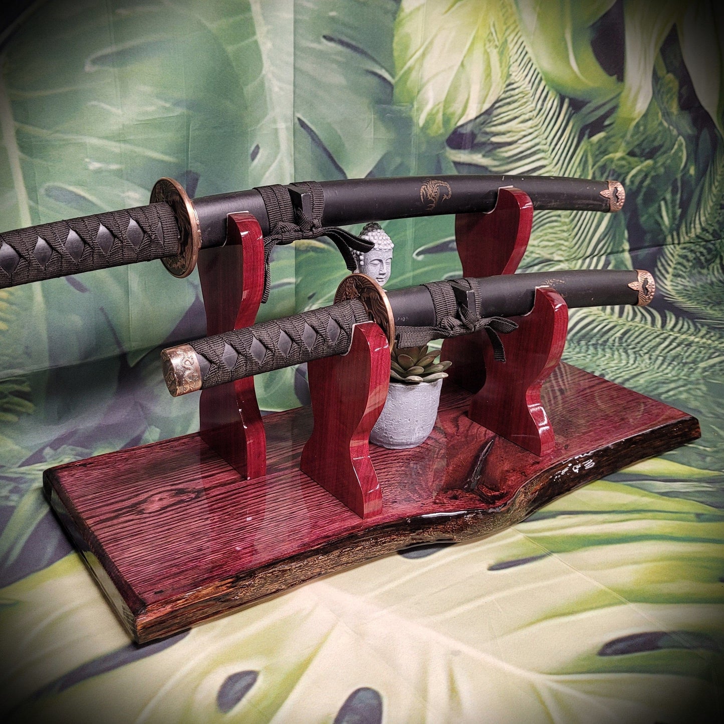 walkerwoodgifts sword display Unique Live Edge Rustic 2 Tier Swamp Oak Purpleheart Samurai Collector Display Gift