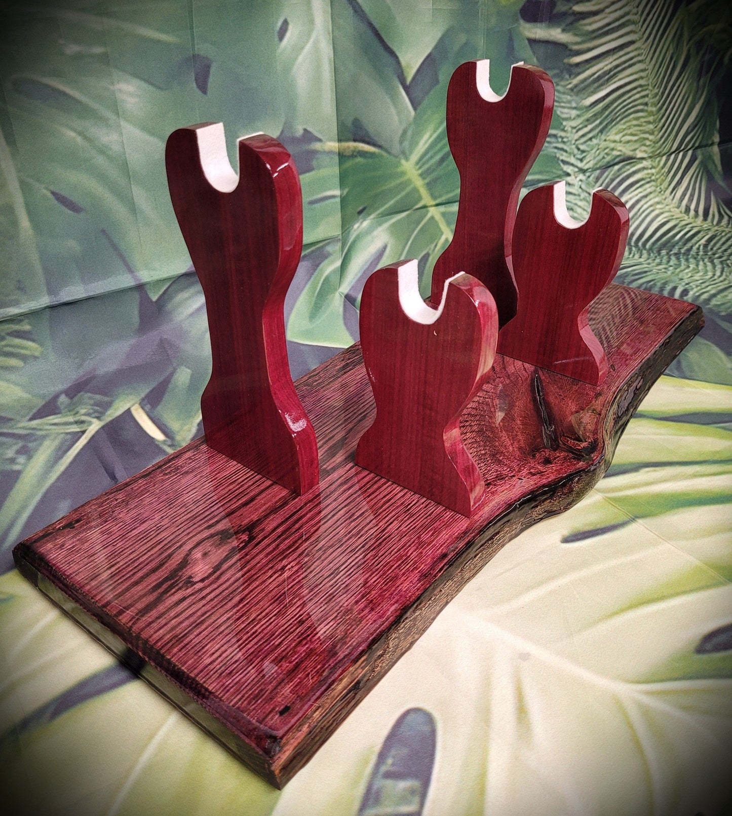 walkerwoodgifts sword display Unique Live Edge Rustic 2 Tier Swamp Oak Purpleheart Samurai Collector Display Gift