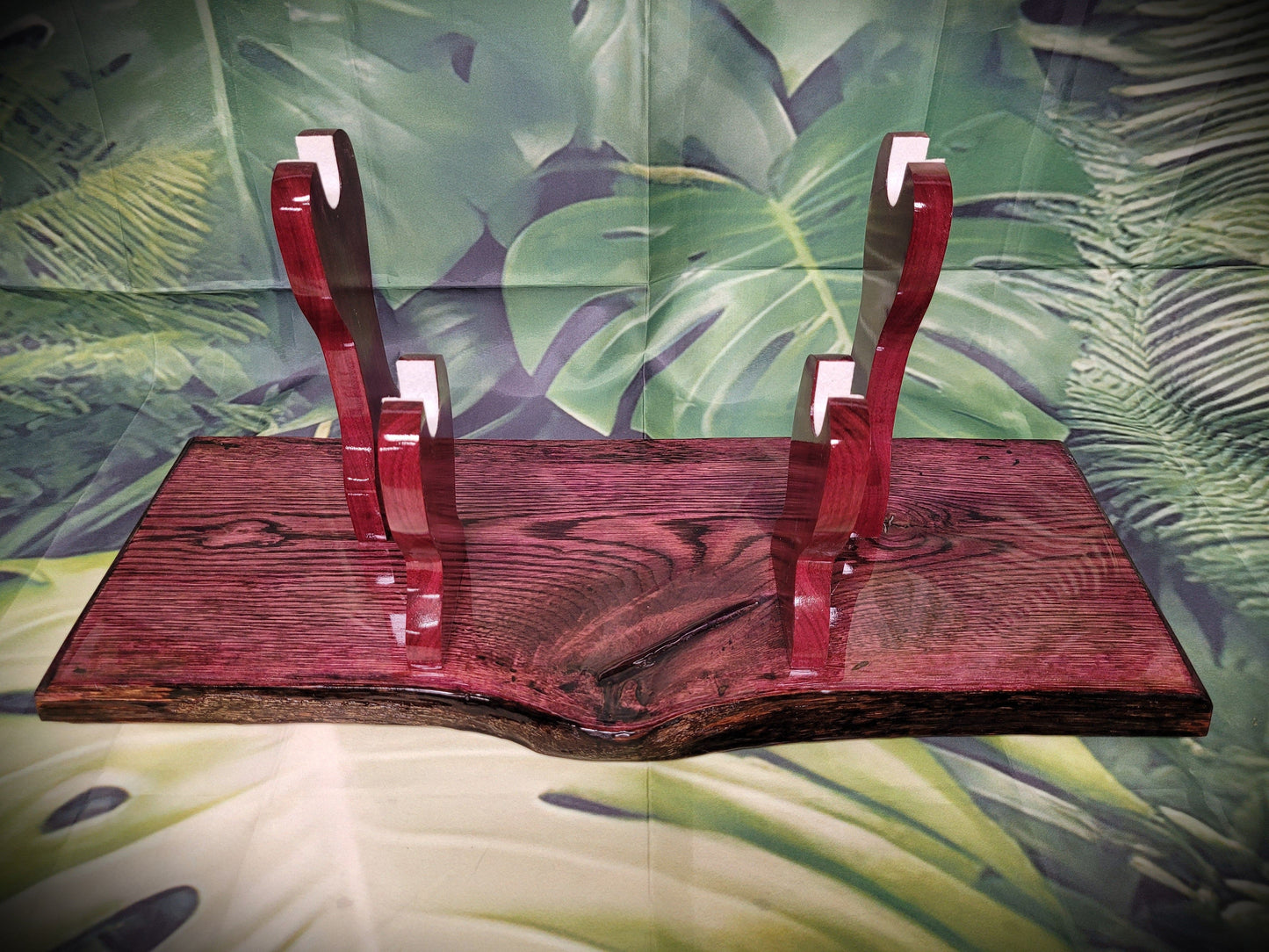 walkerwoodgifts sword display Unique Live Edge Rustic 2 Tier Swamp Oak Purpleheart Samurai Collector Display Gift