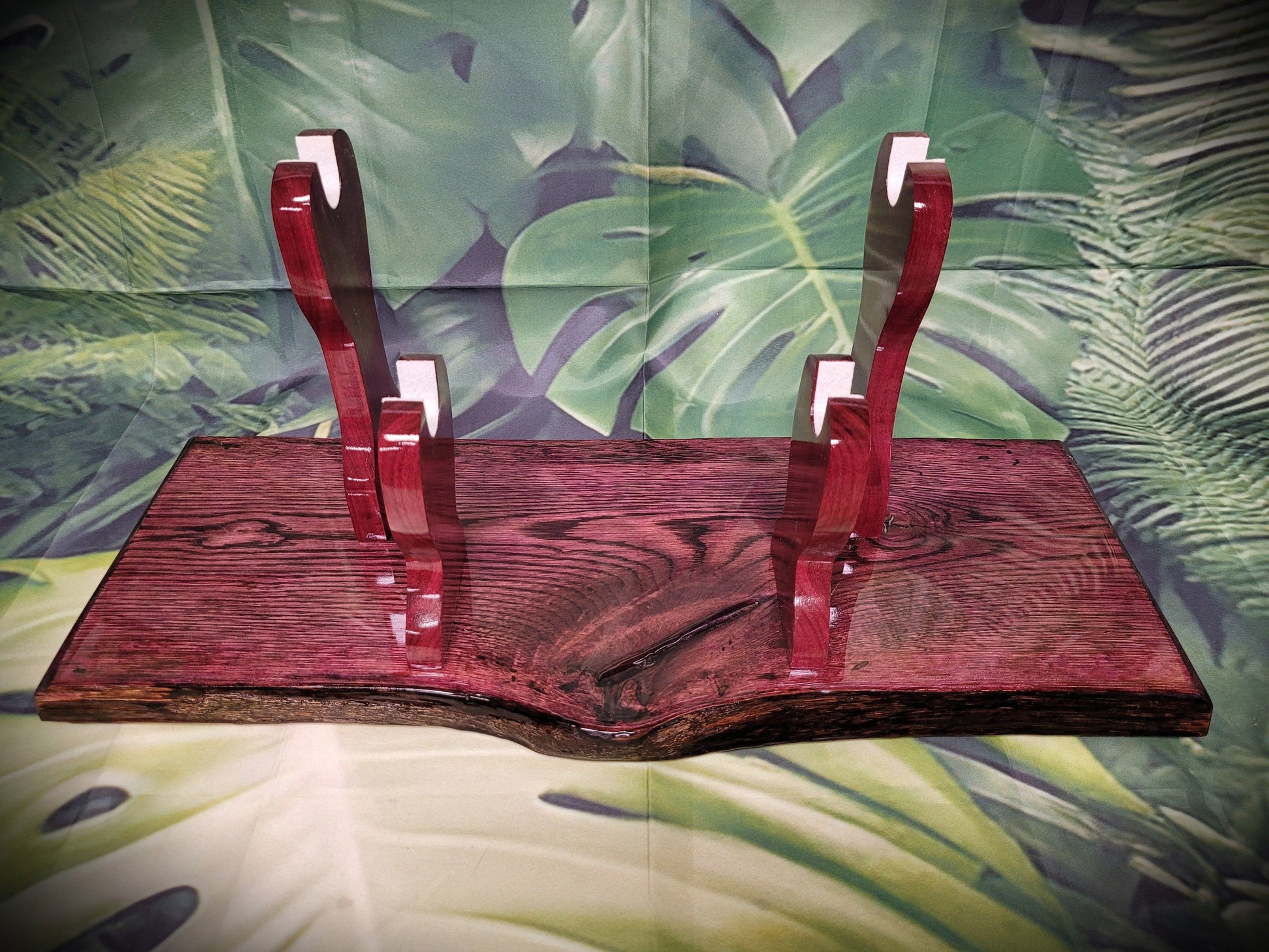 walkerwoodgifts sword display Unique Live Edge Rustic 2 Tier Swamp Oak Purpleheart Samurai Collector Display Gift