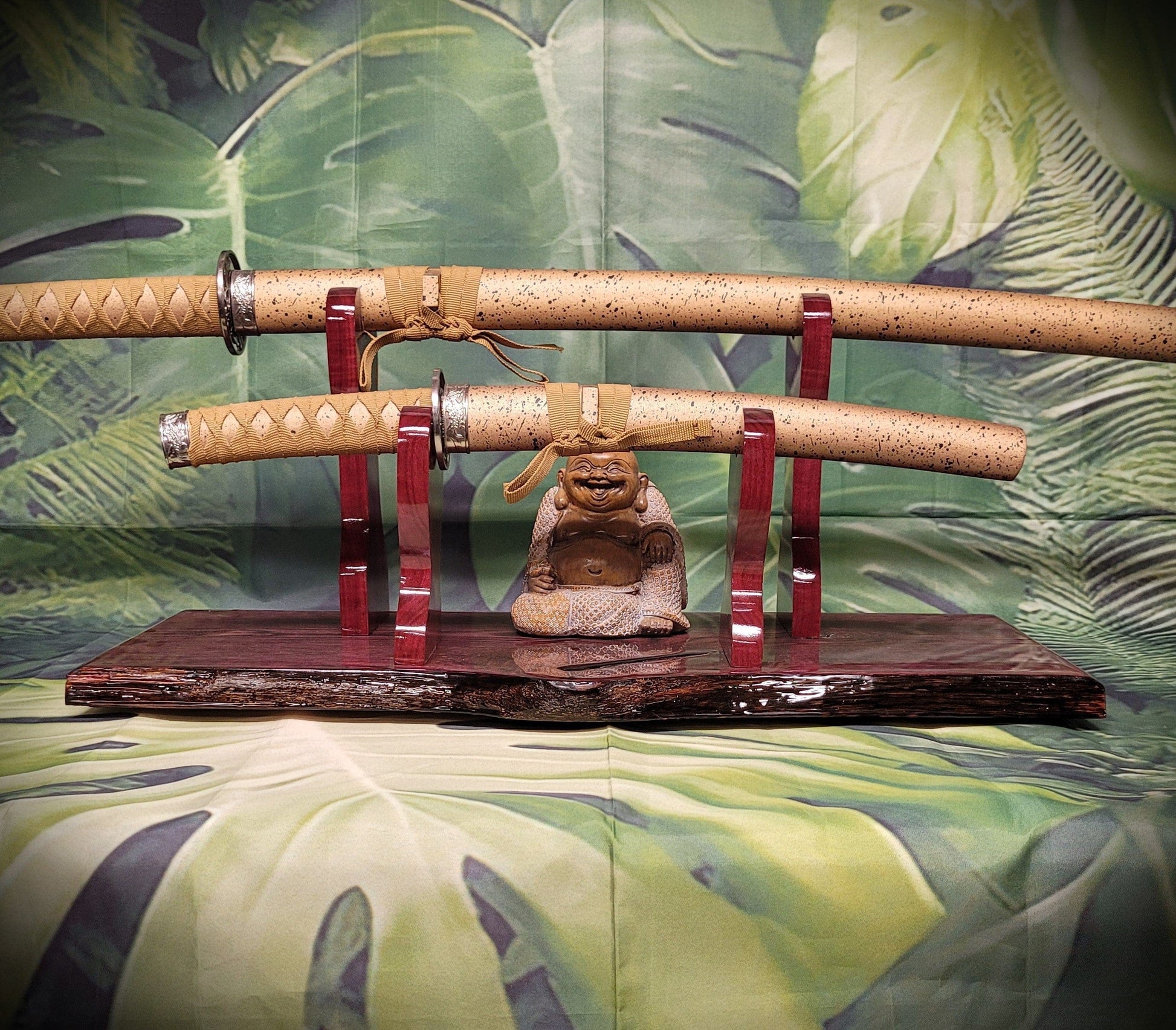 walkerwoodgifts sword display Unique Live Edge Rustic 2 Tier Swamp Oak Purpleheart Samurai Collector Display Gift