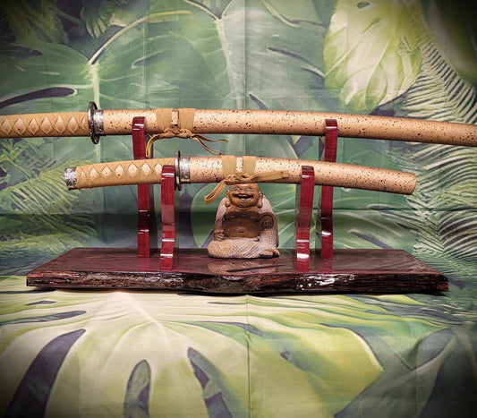 walkerwoodgifts sword display Unique Live Edge Rustic 2 Tier Swamp Oak Purpleheart Samurai Collector Display Gift
