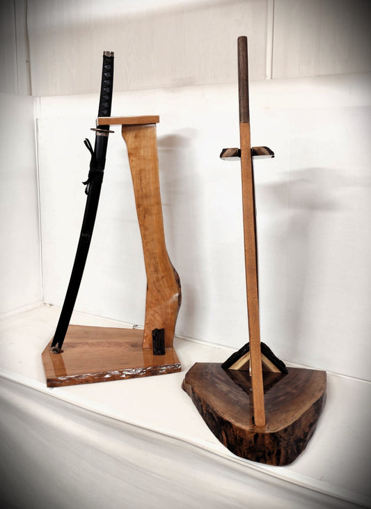 walkerwoodgifts sword stands Pair Rustic Cherry and Rustic Walnut Tachi Kake Sword Stands