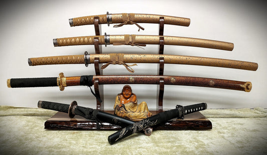 walkerwoodgifts sword stands Rustic 4 Tier Sword Display Walnut With Wild Hickory Upright Mantel Desk Dresser Stand Japanese Samurai