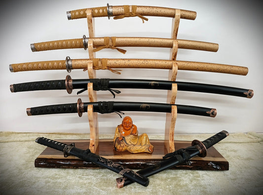walkerwoodgifts sword stands Rustic 5 Tier Sword Display Live Edge Walnut Base with Unique Hickory Uprights Mantel Desk Dresser Stand Japanese Samurai