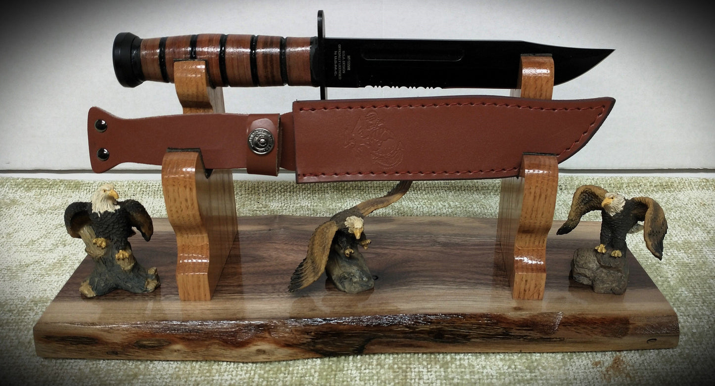 walkerwoodgifts sword stands Rustic Live Edge Walnut K-bar, Small Katana, Dagger, Sheath with Blade/Handle Display Stand Collectors Gift
