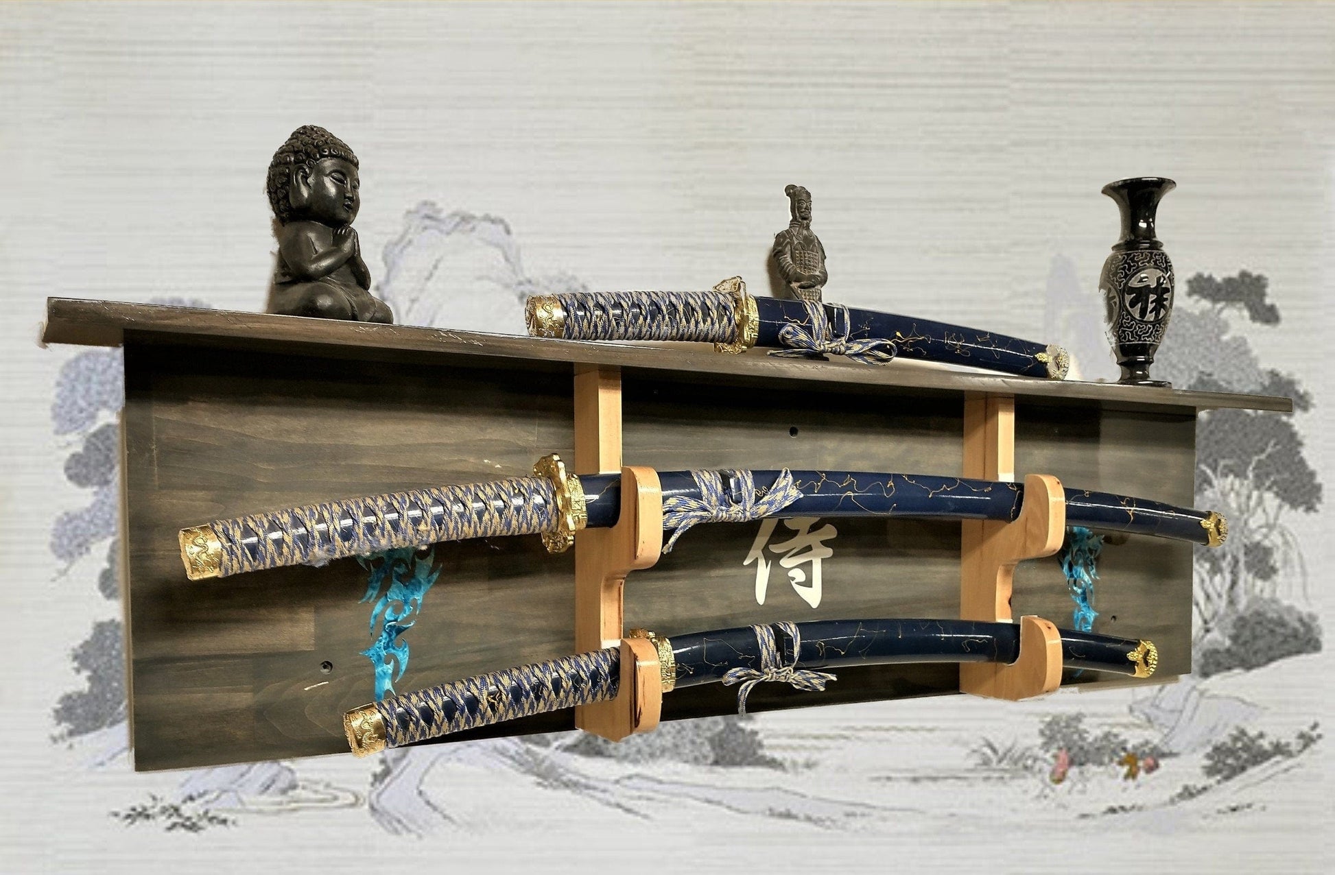 walkerwoodgifts Bushido WALL DISPLAY, Flaming Blue Dragons, 2 Tier Katana Samurai Display with Shelf, Weathered Gray Finish Dojo Gift