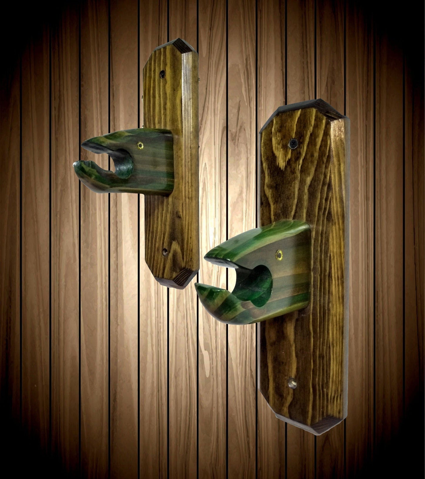 walkerwoodgifts FISH HOOK, WOODEN Hooks, Rustic Wall Mounted Green Hand Painted Wooden Fish Head Holders Pair, House Warming Gift