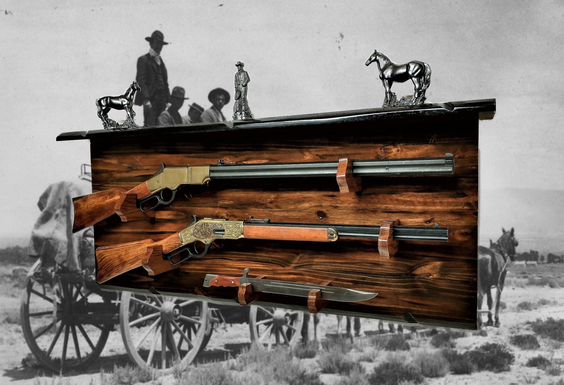 walkerwoodgifts gun rack 2 Place Lever Action with Knife Display, Rifle Shotgun Rack, Western Cabin Decor