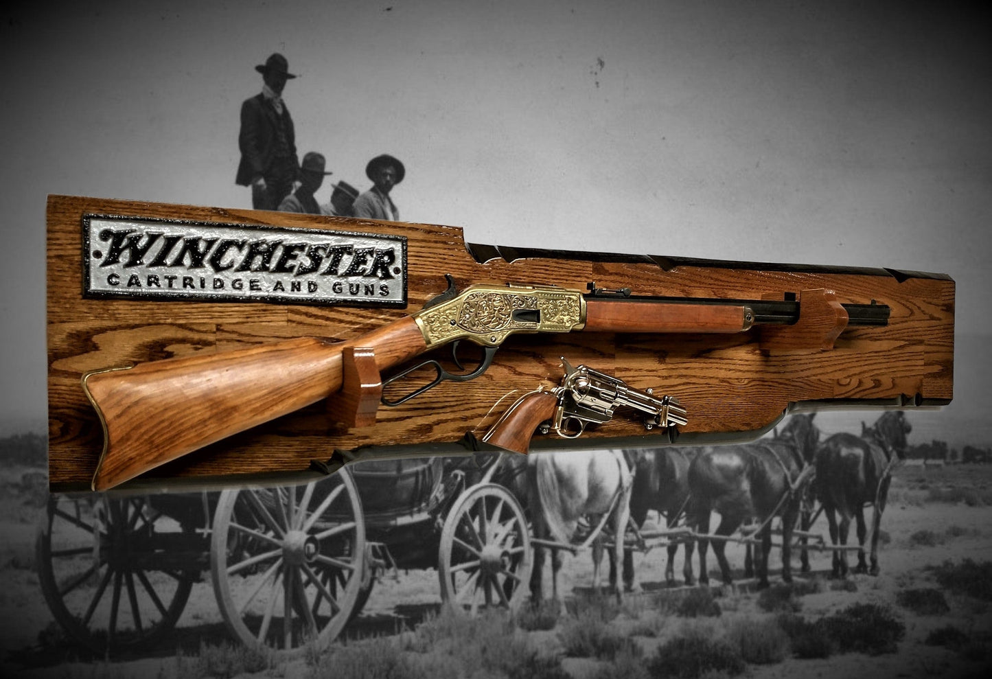 walkerwoodgifts gun rack Rustic Oak Gun Rack Designed for Winchester Lever Action Rifle Knife/Pistol Display with Bullet Hangers Western Décor Collectors Gift