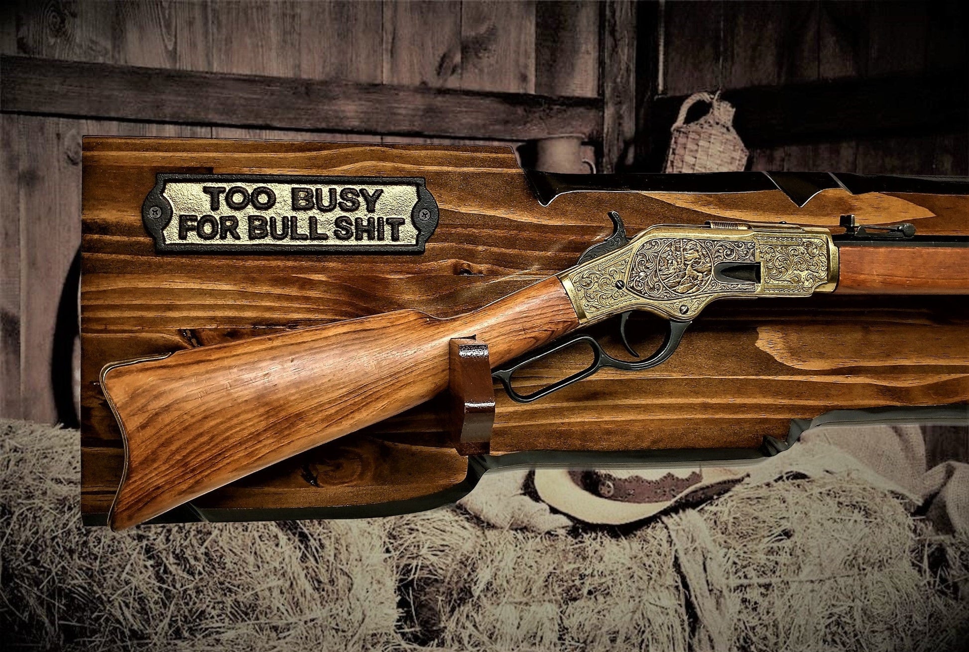 walkerwoodgifts gun rack Unique Gun Display Designed for Lever Action Rifle "Too Busy For BS" Great Man Cave Western Decor
