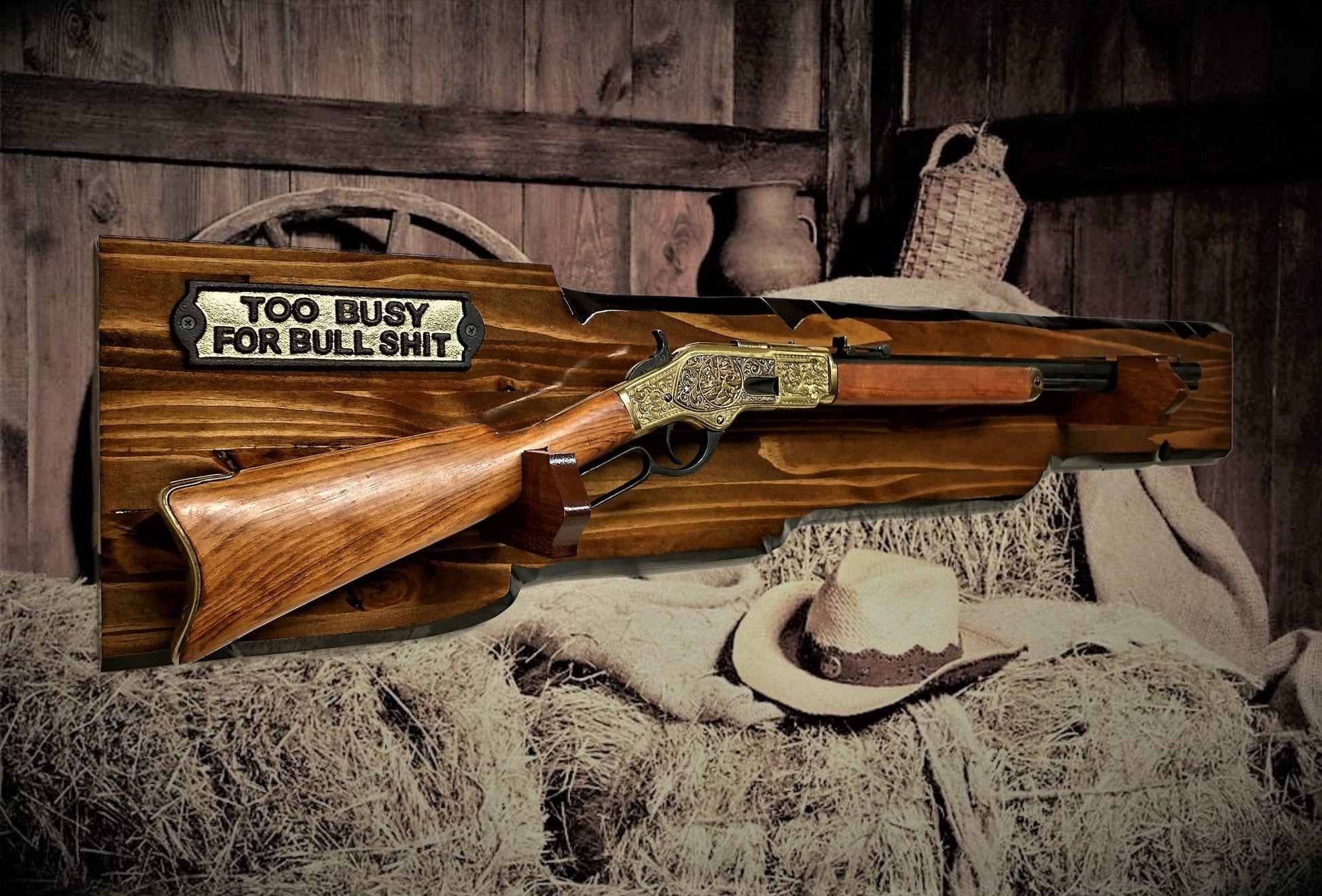 walkerwoodgifts gun rack Unique Gun Display Designed for Lever Action Rifle "Too Busy For BS" Great Man Cave Western Decor