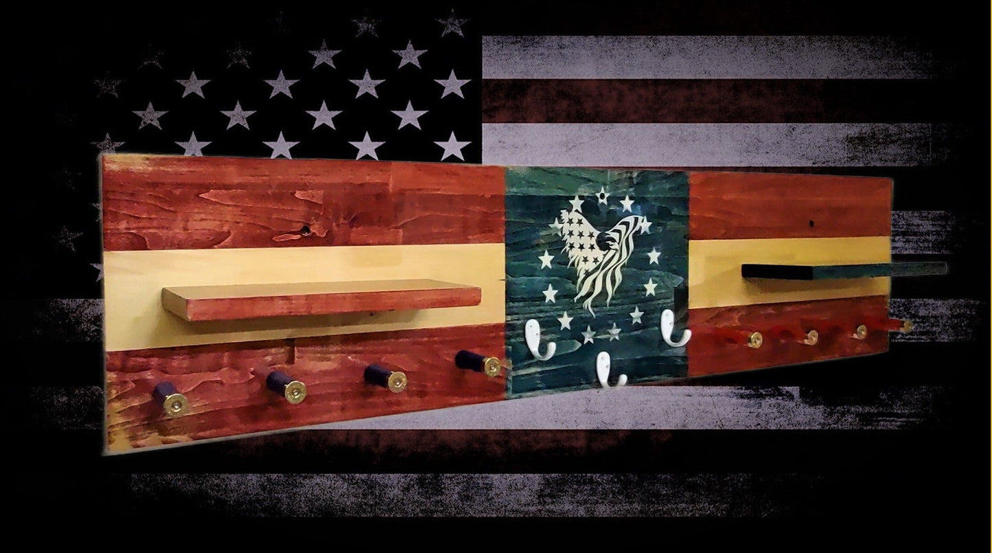 walkerwoodgifts Hat & Coat Rack Patriotic Rustic Flag Coat Rack Shelf Wall Hanging Shotgun Shell Pegs Americana Patriotic Decor, Gift, FREE SHIPPING