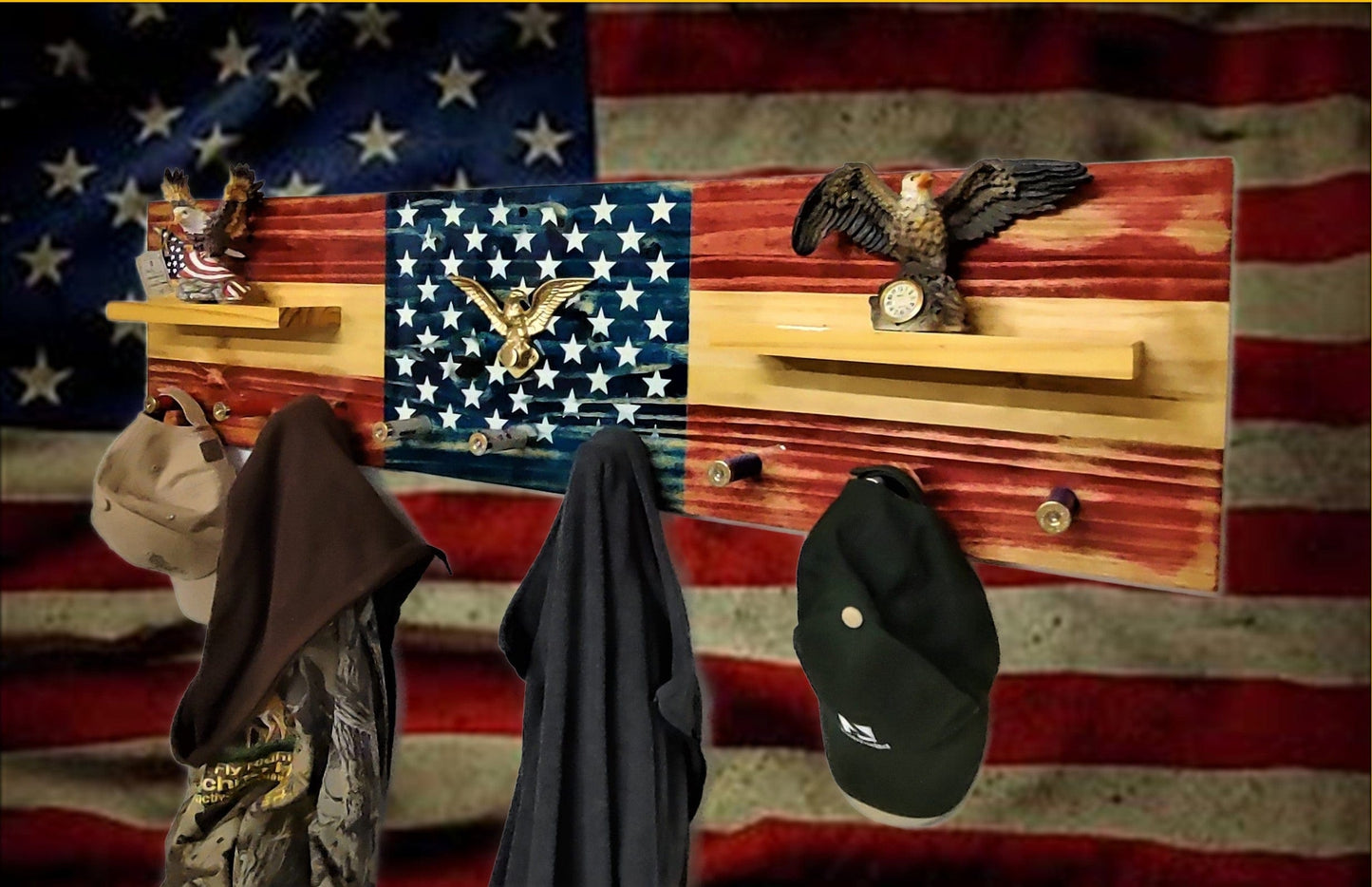 walkerwoodgifts Old Glory Rustic Flag Coat Rack Shelf Wall Hanging Shotgun Shell Pegs Americana Patriotic Decor, Gift, FREE SHIPPING