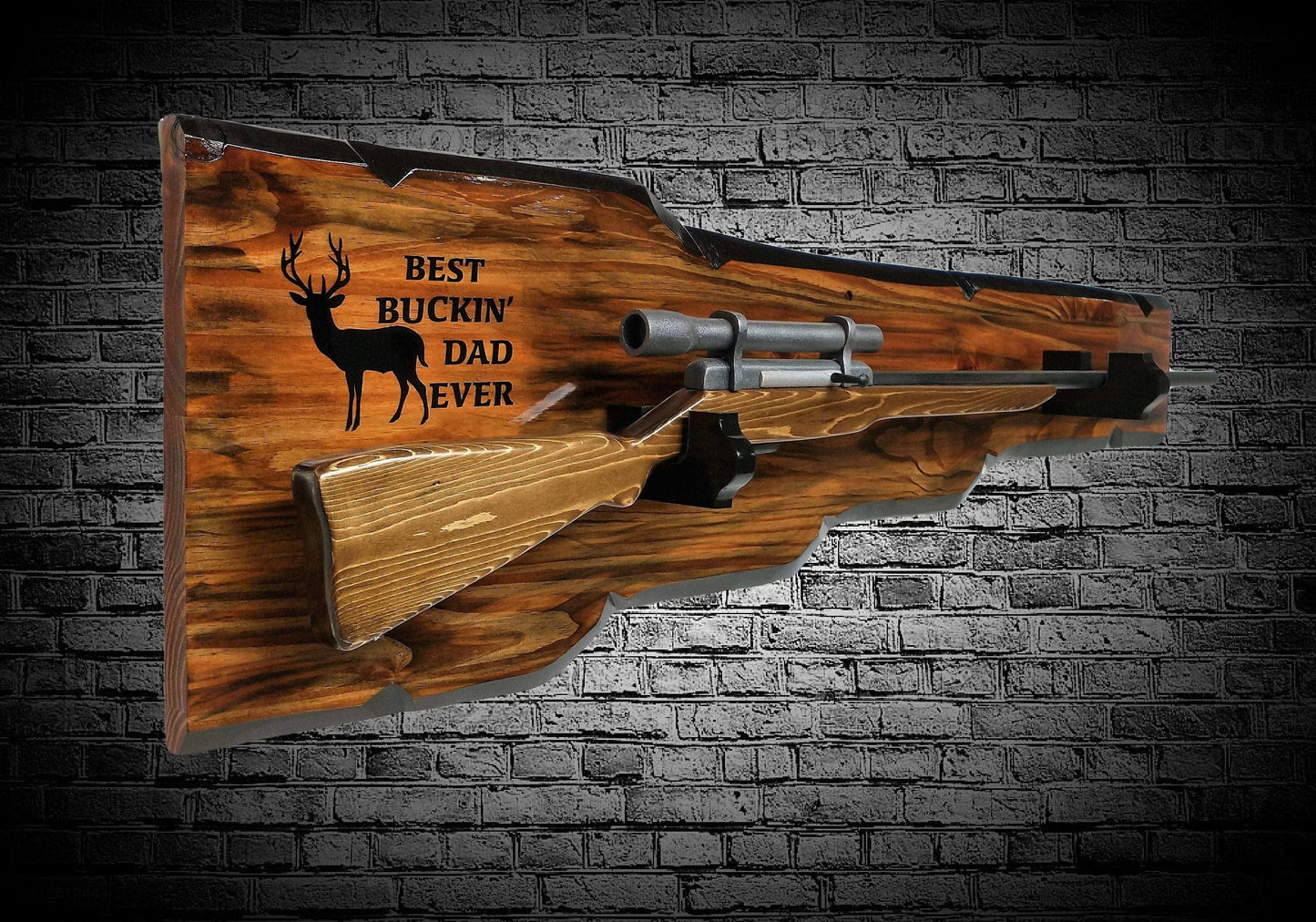 walkerwoodgifts RIFLE DISPLAY, GUN Barrel Rack, Best Bucken' Dad Ever Engraved Live Edge Durable Wall Mount Wood Gun Rack