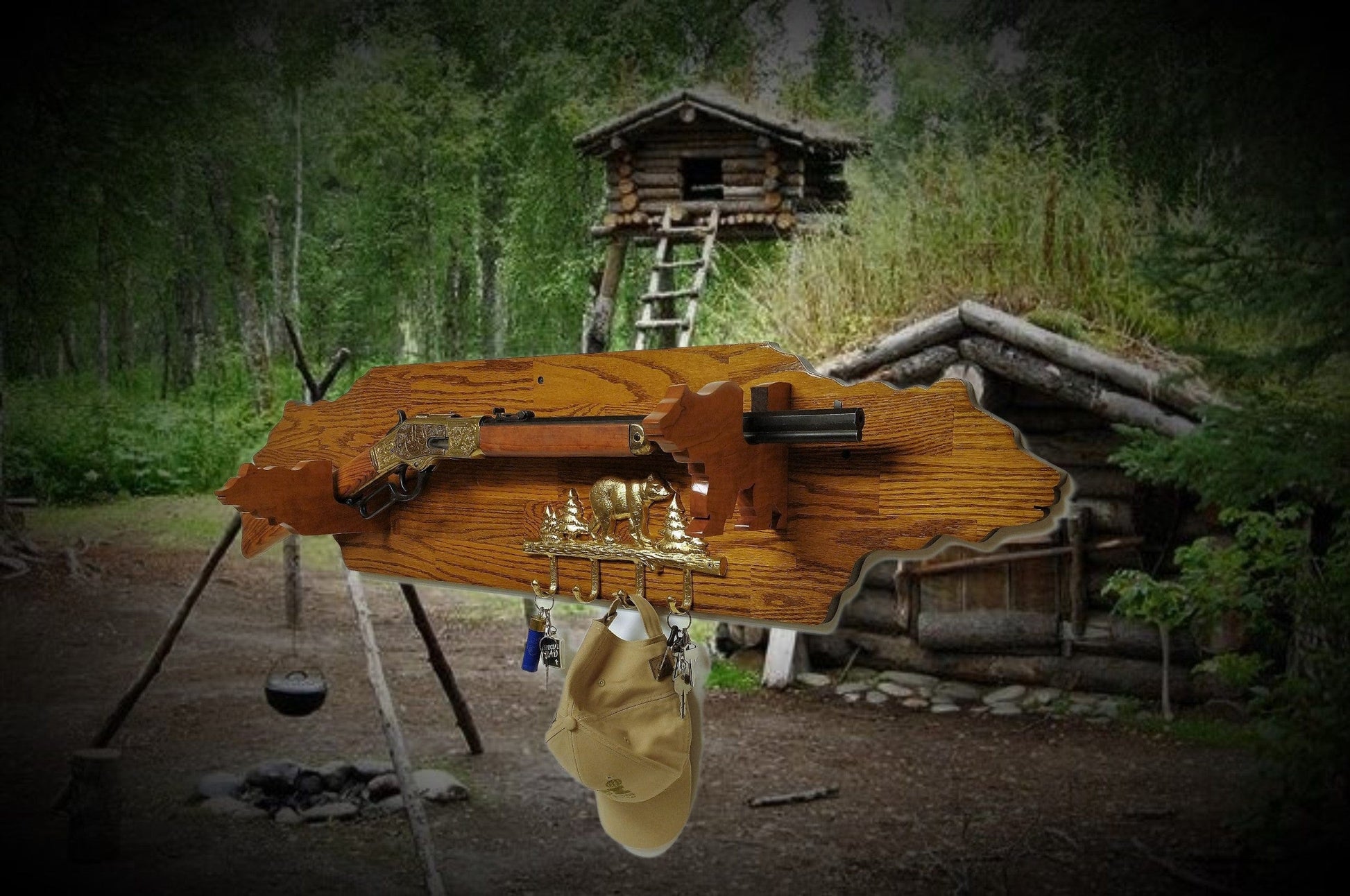 walkerwoodgifts Rustic Golden Bear Lever Action Rifle Gun Display Hunting Gift Lodge Cabin Cottage Décor
