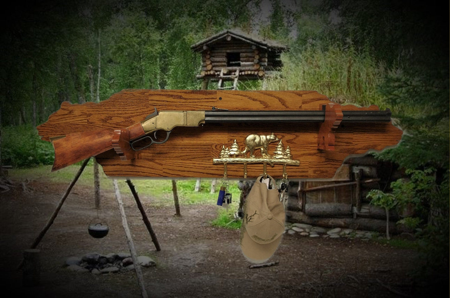 walkerwoodgifts Rustic Golden Bear Lever Action Rifle Gun Display Hunting Gift Lodge Cabin Cottage Décor