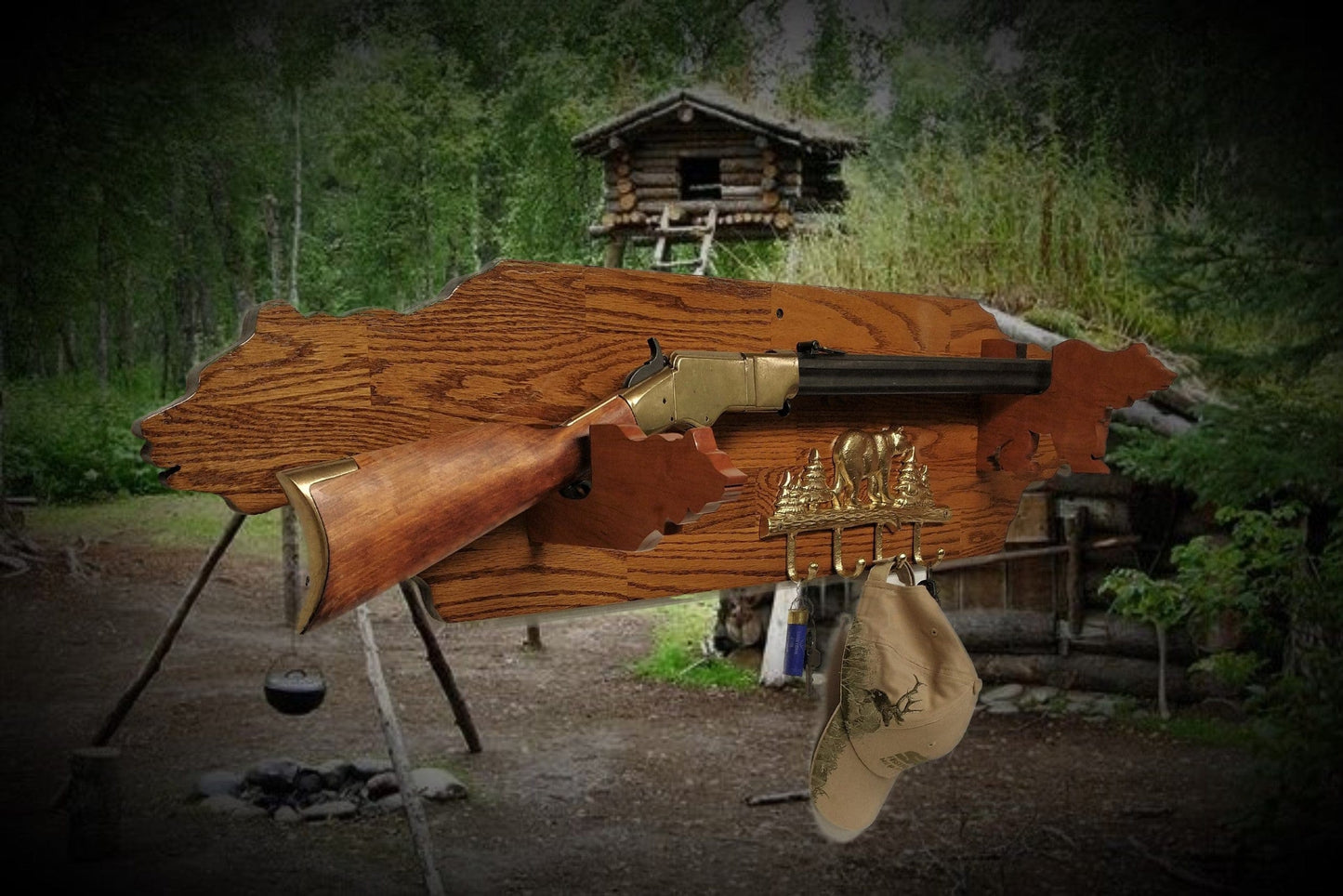 walkerwoodgifts Rustic Golden Bear Lever Action Rifle Gun Display Hunting Gift Lodge Cabin Cottage Décor