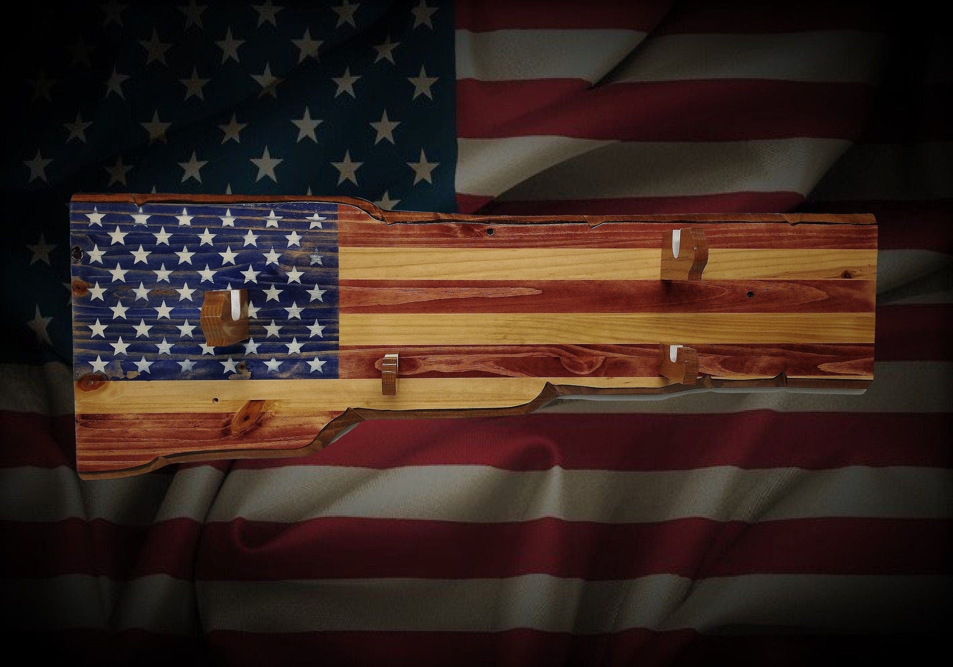 walkerwoodgifts Rustic Old Glory Sword And Gun Rack Display Combination, Designed for Lever Action Rifle And Military Sword, Vintage Collector Gift