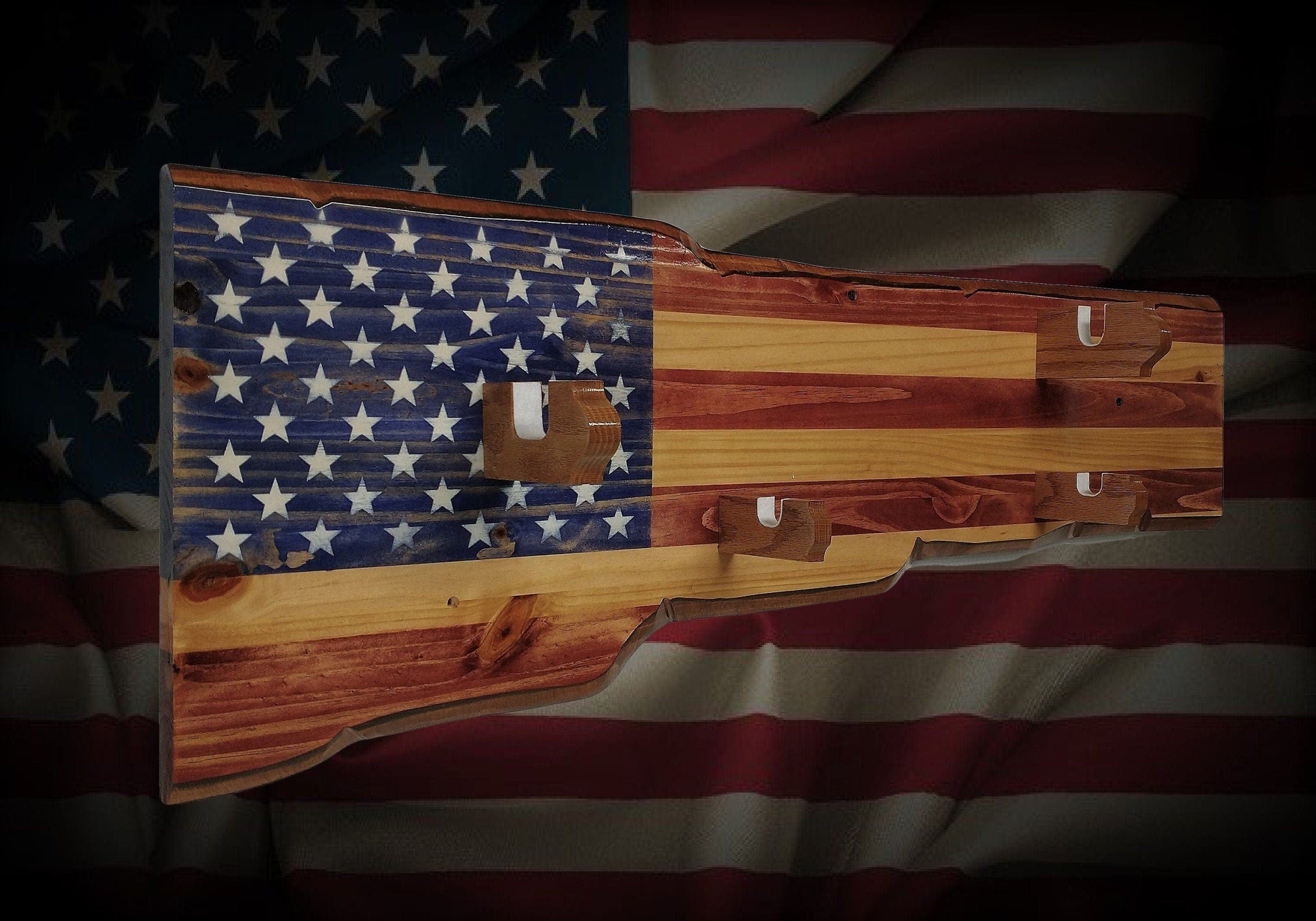 walkerwoodgifts Rustic Old Glory Sword And Gun Rack Display Combination, Designed for Lever Action Rifle And Military Sword, Vintage Collector Gift