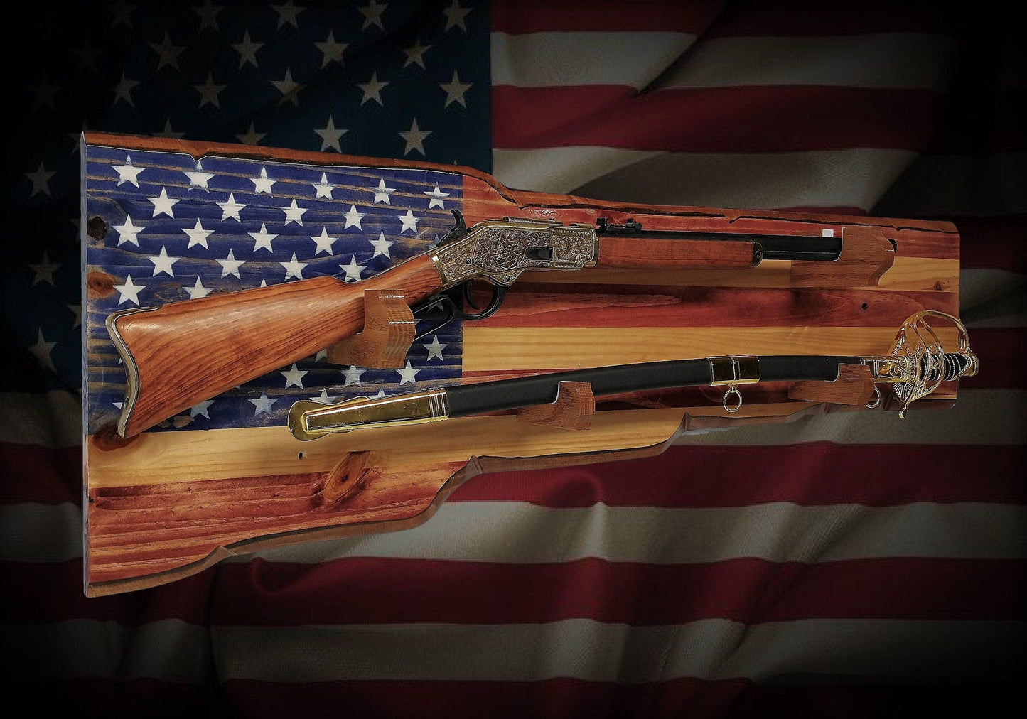 walkerwoodgifts Rustic Old Glory Sword And Gun Rack Display Combination, Designed for Lever Action Rifle And Military Sword, Vintage Collector Gift