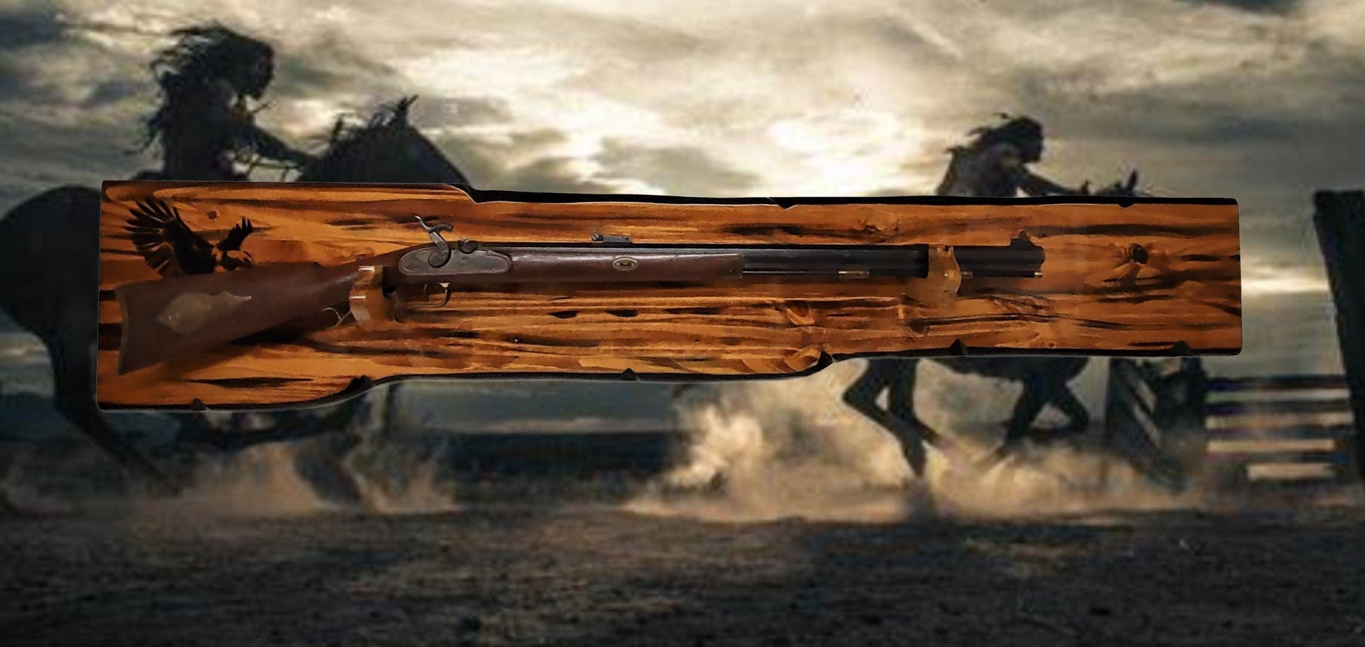 walkerwoodgifts Rustic Wall Gun Display | Designed For Vintage Muzzle Loader Style Gun | Faux Edge Tigerwood Finish | Cabin Western Decor