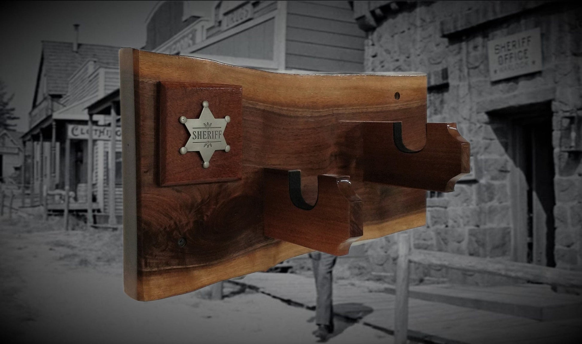 walkerwoodgifts SOLID WALNUT PISTOL Display, Rustic Sheriff Badge Gun Rack Wall Mount Western Décor Gift