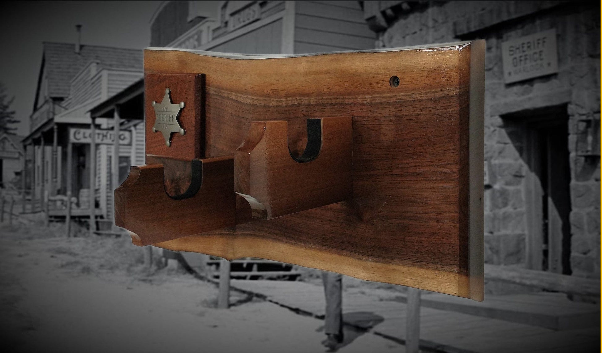 walkerwoodgifts SOLID WALNUT PISTOL Display, Rustic Sheriff Badge Gun Rack Wall Mount Western Décor Gift