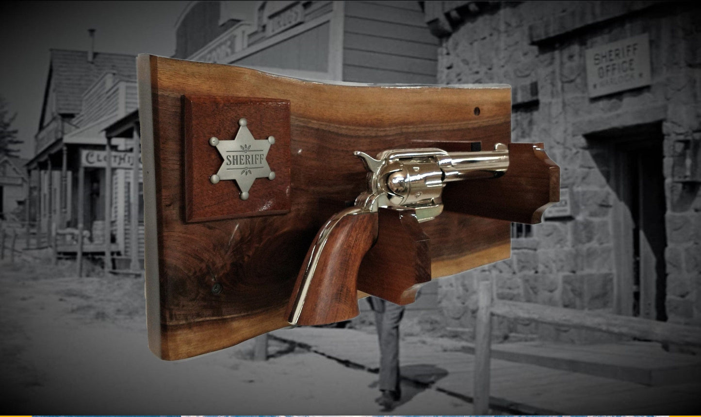 walkerwoodgifts SOLID WALNUT PISTOL Display, Rustic Sheriff Badge Gun Rack Wall Mount Western Décor Gift