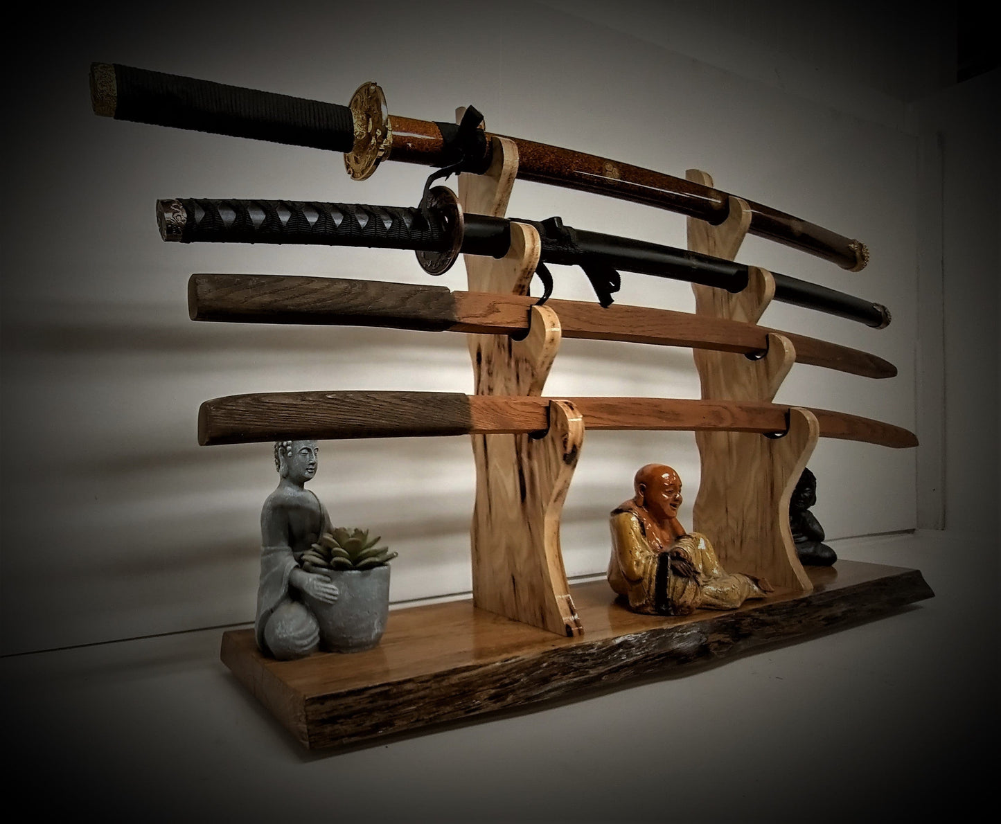 walkerwoodgifts sword stands Live Edge Rustic Oak 4 Tier Sword Display With Wild Hickory Upright Mantel Desk Dresser Stand Japanese Samurai