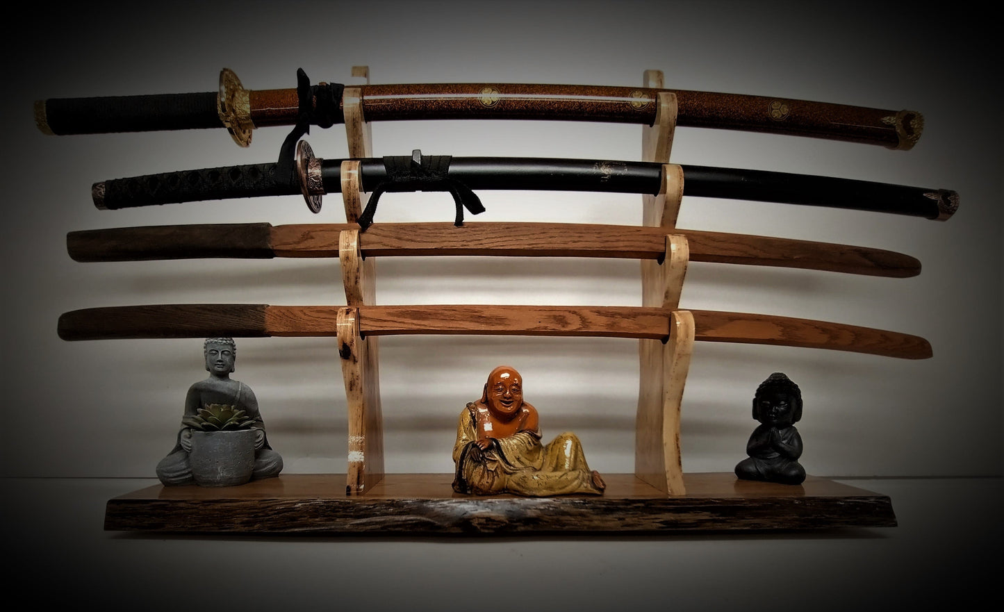 walkerwoodgifts sword stands Live Edge Rustic Oak 4 Tier Sword Display With Wild Hickory Upright Mantel Desk Dresser Stand Japanese Samurai