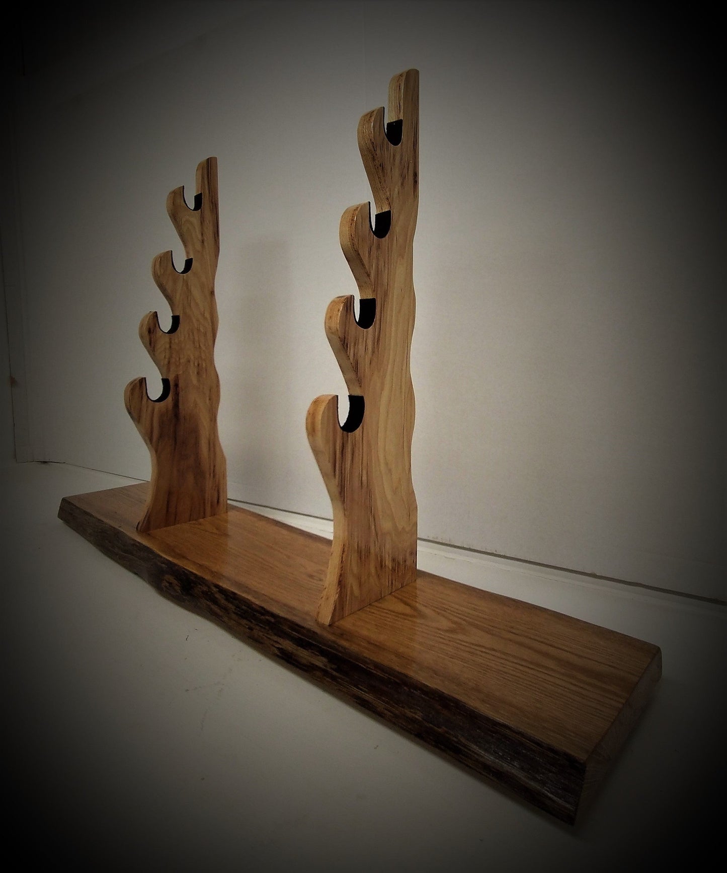 walkerwoodgifts sword stands Live Edge Rustic Oak 4 Tier Sword Display With Wild Hickory Upright Mantel Desk Dresser Stand Japanese Samurai