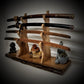 walkerwoodgifts sword stands Live Edge Rustic Oak 4 Tier Sword Display With Wild Hickory Upright Mantel Desk Dresser Stand Japanese Samurai