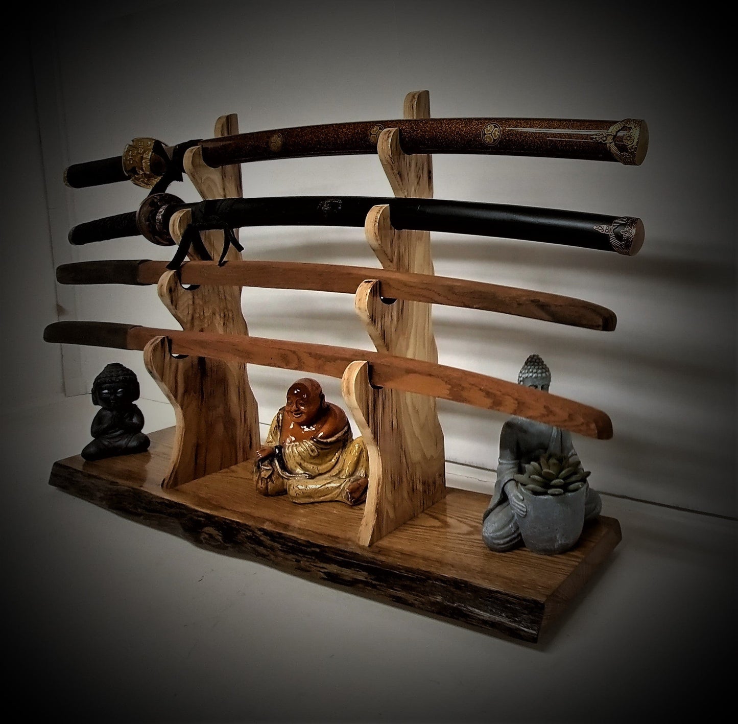 walkerwoodgifts sword stands Live Edge Rustic Oak 4 Tier Sword Display With Wild Hickory Upright Mantel Desk Dresser Stand Japanese Samurai