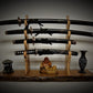 walkerwoodgifts sword stands Live Edge Rustic Oak 4 Tier Sword Display With Wild Hickory Upright Mantel Desk Dresser Stand Japanese Samurai