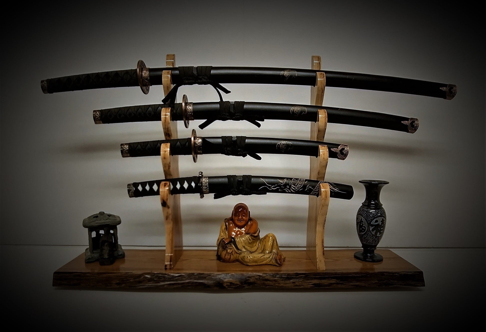 walkerwoodgifts sword stands Live Edge Rustic Oak 4 Tier Sword Display With Wild Hickory Upright Mantel Desk Dresser Stand Japanese Samurai