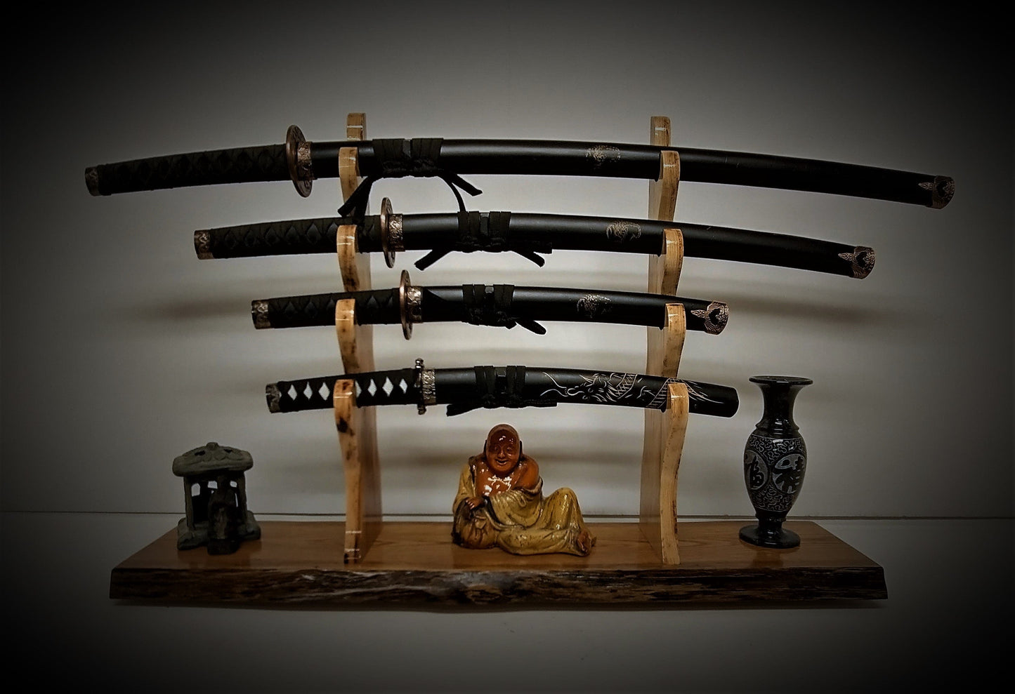walkerwoodgifts sword stands Live Edge Rustic Oak 4 Tier Sword Display With Wild Hickory Upright Mantel Desk Dresser Stand Japanese Samurai