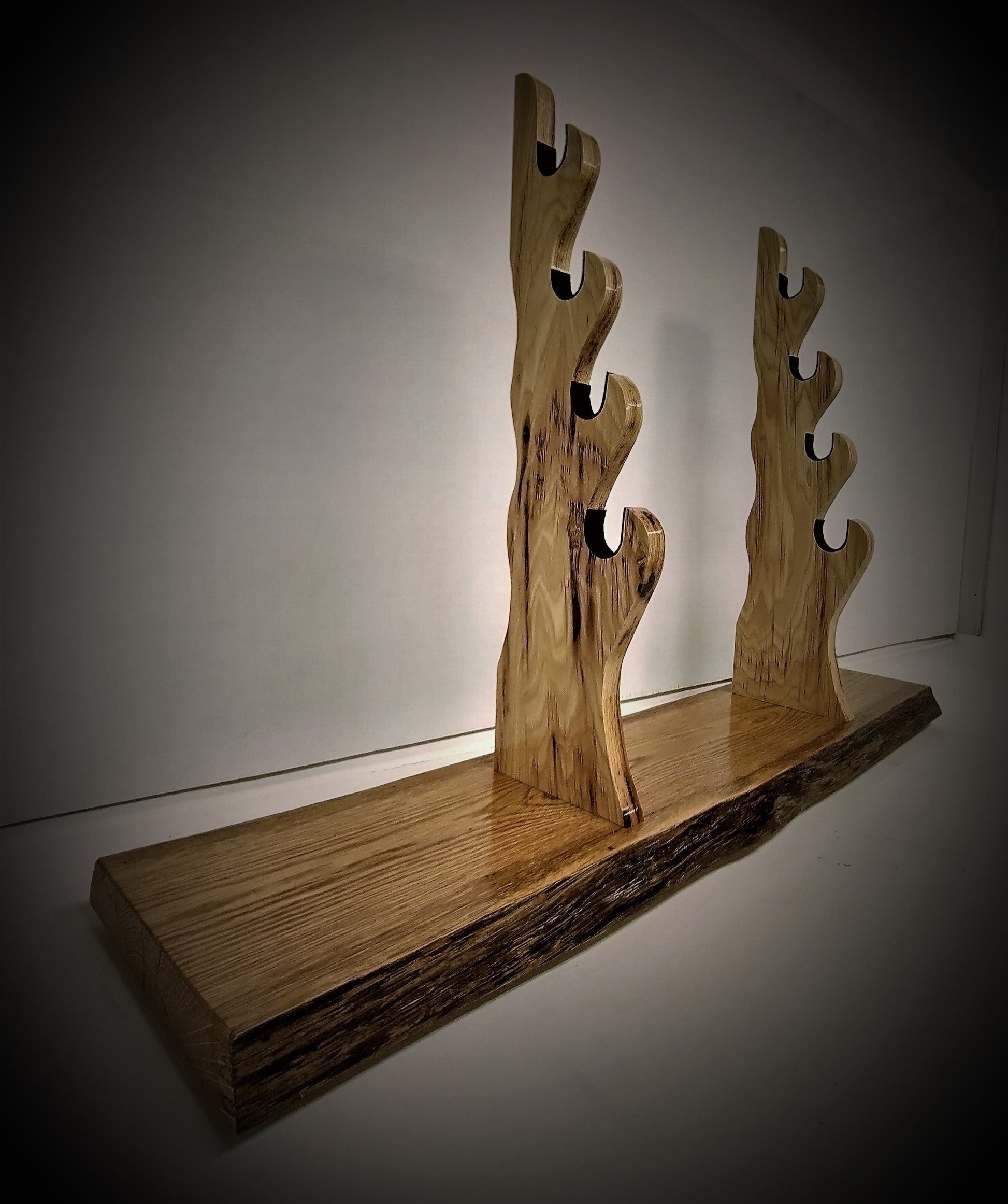 walkerwoodgifts sword stands Live Edge Rustic Oak 4 Tier Sword Display With Wild Hickory Upright Mantel Desk Dresser Stand Japanese Samurai