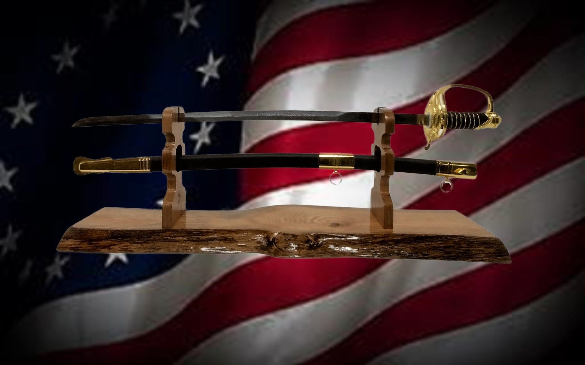 walkerwoodgifts sword stands Live Edge Rustic Oak Sword Display Stand Military Saber Katana, Blade and Sheath Rustic, Gift, FREE SHIPPING