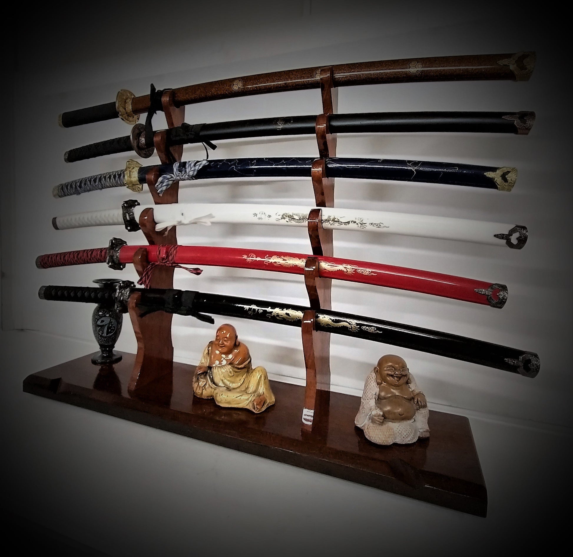 walkerwoodgifts sword stands Rustic Teak 6 Tier Sword Stand Katana Wakizashi Tanto Sword Display Stand Japanese Samurai