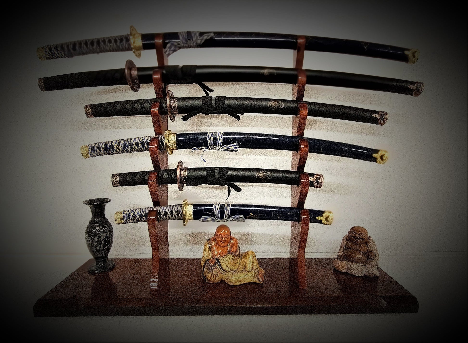 walkerwoodgifts sword stands Rustic Teak 6 Tier Sword Stand Katana Wakizashi Tanto Sword Display Stand Japanese Samurai