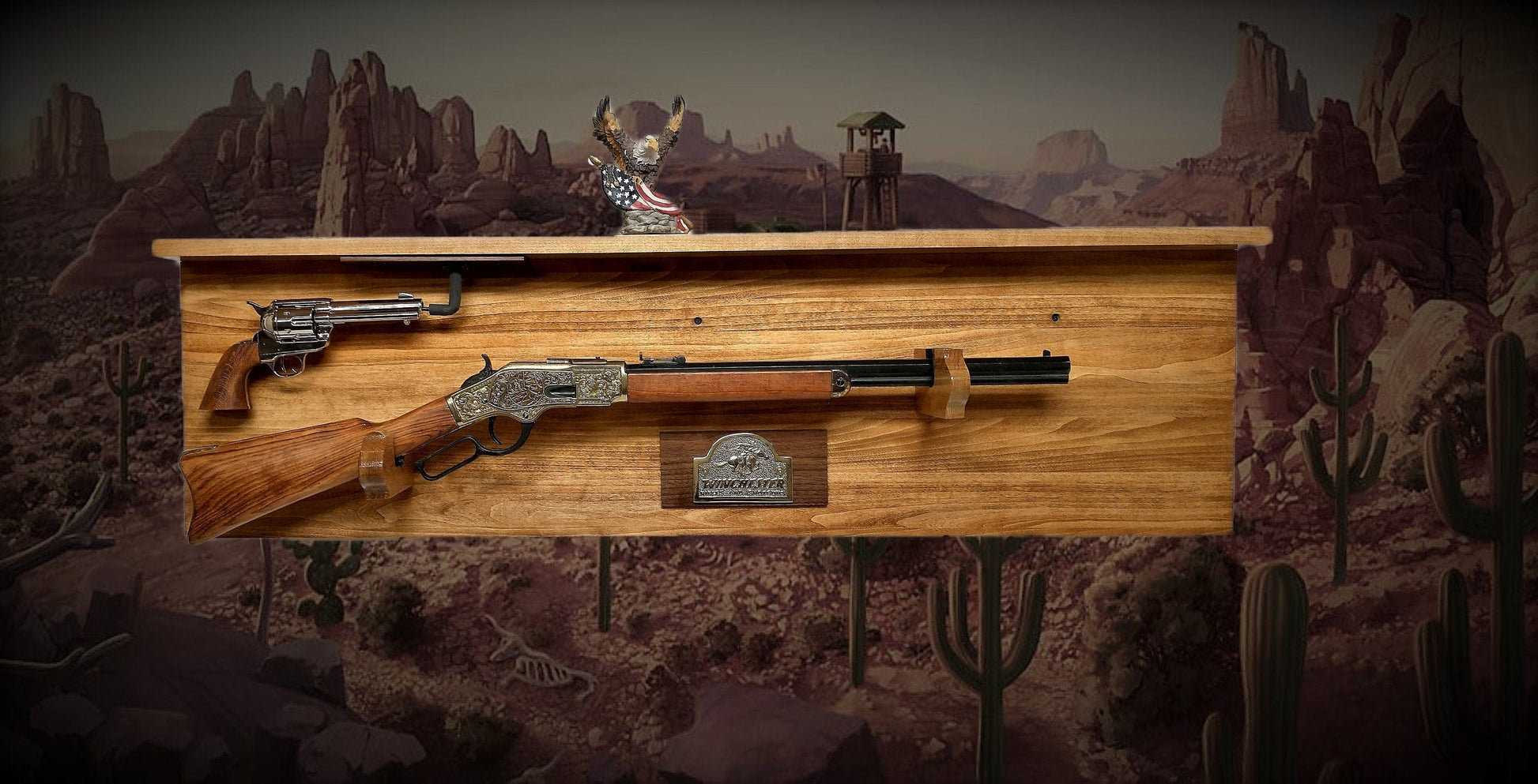 walkerwoodgifts Traditional Western Winchester Gun Rack with Shelf | Lever Action Rifle and Pistol Display | Golden Cherry Finish | Cowboy Decor